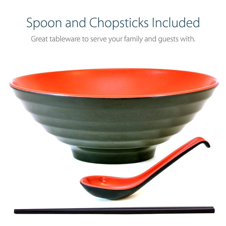 Red and Black Large Ramen Bowl Set with Chopsticks and Spoon