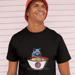 Ramen T-shirt: Japanese-Inspired Foodie Shirt with Angry Cat Protecting Ramen Art