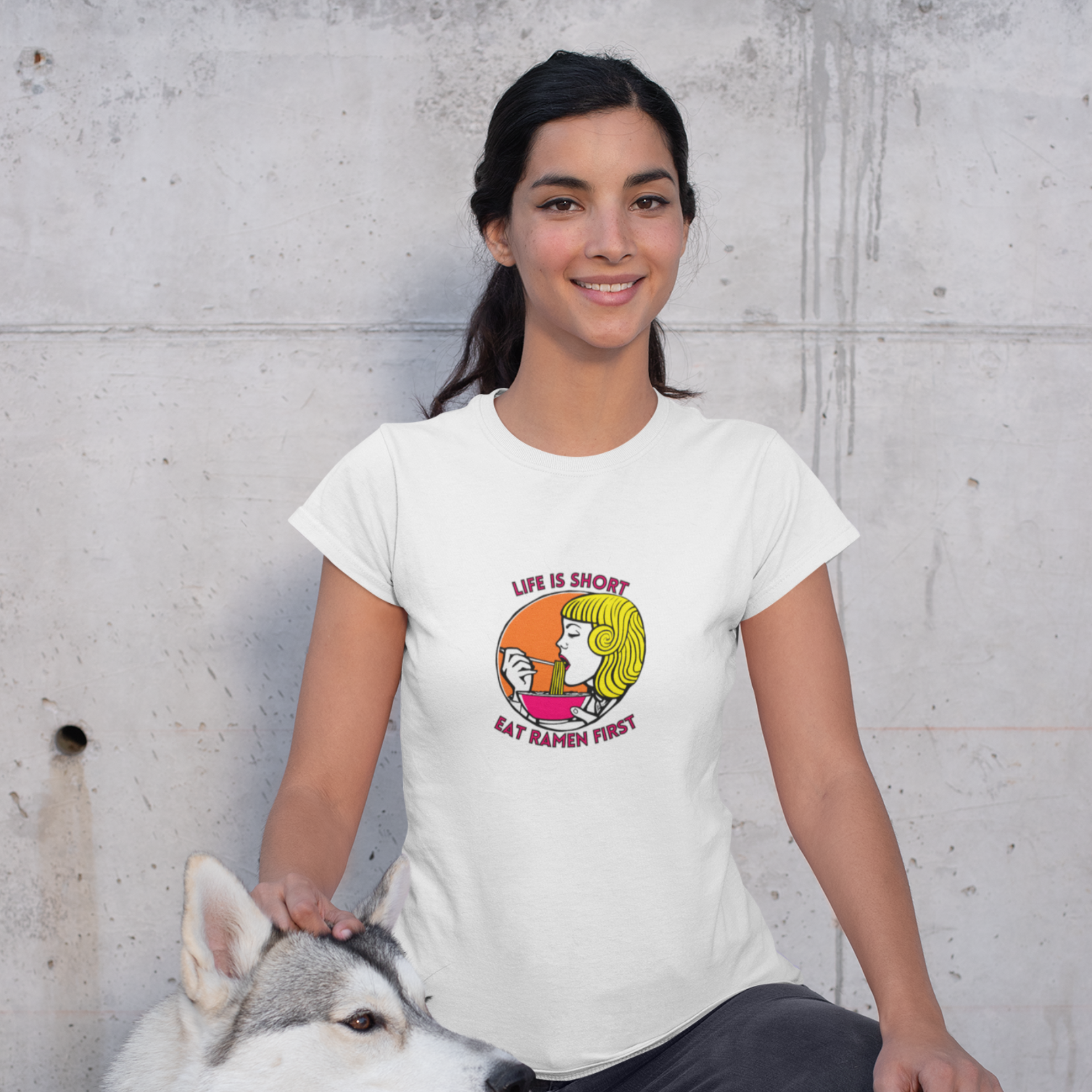 Ramen T-Shirt: Japanese Foodie Pun Shirt with Ramen Art of Woman Eating Ramen - Life Is Short Eat Ramen First!