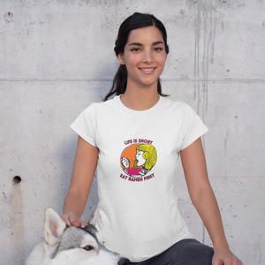 Ramen T-Shirt: Japanese Foodie Pun Shirt with Ramen Art of Woman Eating Ramen - Life Is Short Eat Ramen First!