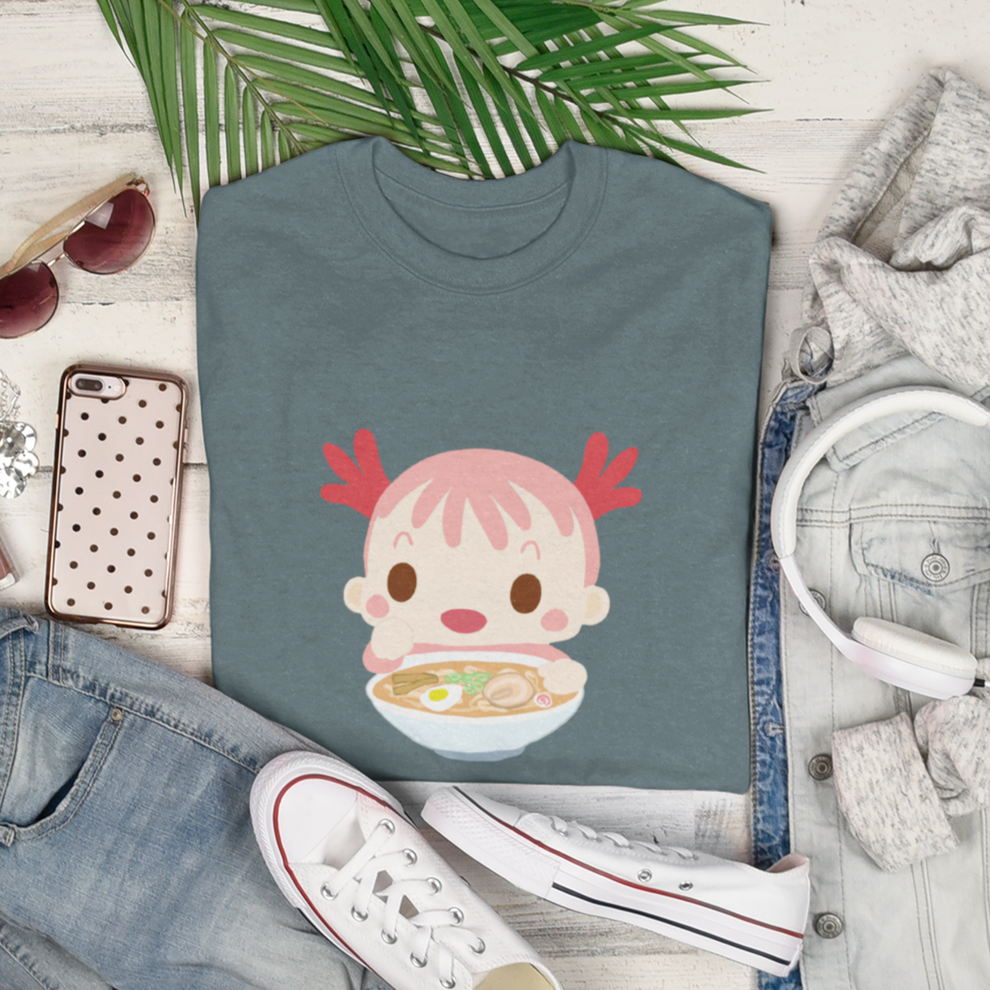 Ramen T-Shirt with Axolotl Illustration: Cute and Quirky Japanese Shirt for Foodie, Ramen Art Lover, Unique and Playful Design