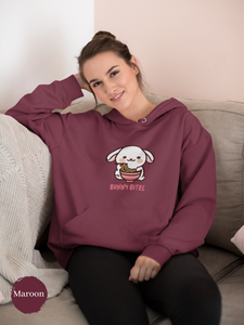 Ramen Hoodie: Bunny Bites - Deliciously Cute Ramen Art on Asian Foodie Hoodie with a Playful Pun Twist