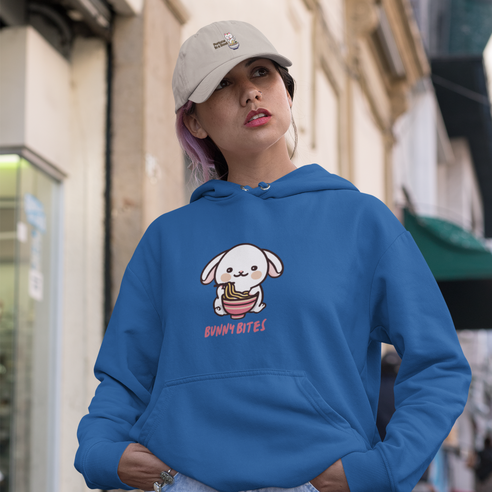 Ramen Hoodie: Bunny Bites - Deliciously Cute Ramen Art on Asian Foodie Hoodie with a Playful Pun Twist
