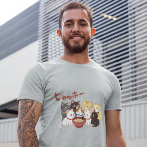 Ramen T-shirt: Japanese Foodie Shirt with Eight Cute Cats Beside Ramen Bowl - Hyahho Ramen Art