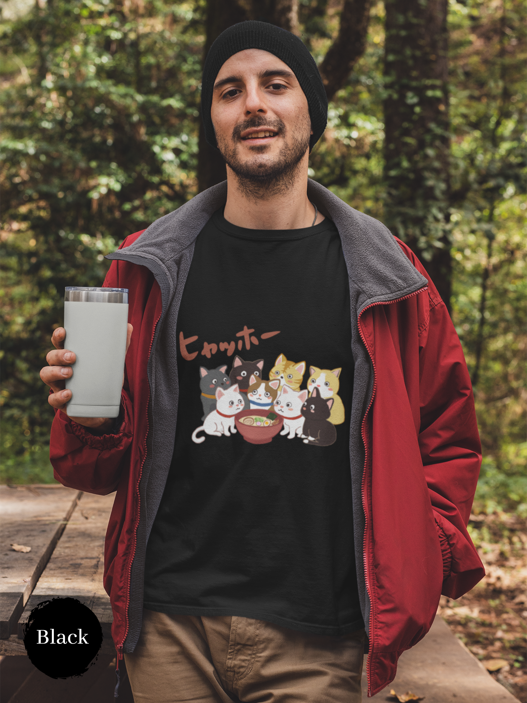 Ramen T-shirt: Japanese Foodie Shirt with Eight Cute Cats Beside Ramen Bowl - Hyahho Ramen Art