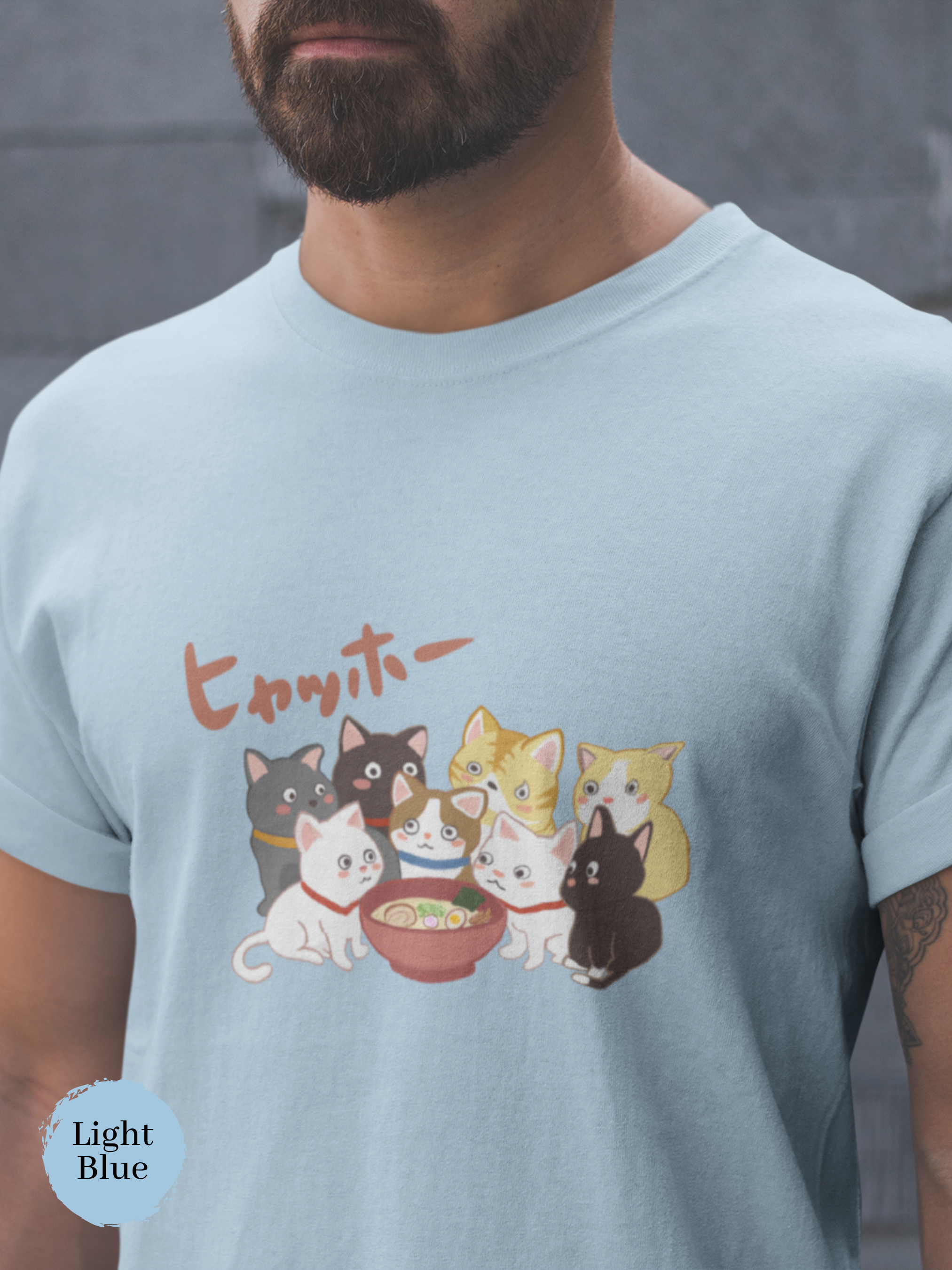 Ramen T-shirt: Japanese Foodie Shirt with Eight Cute Cats Beside Ramen Bowl - Hyahho Ramen Art