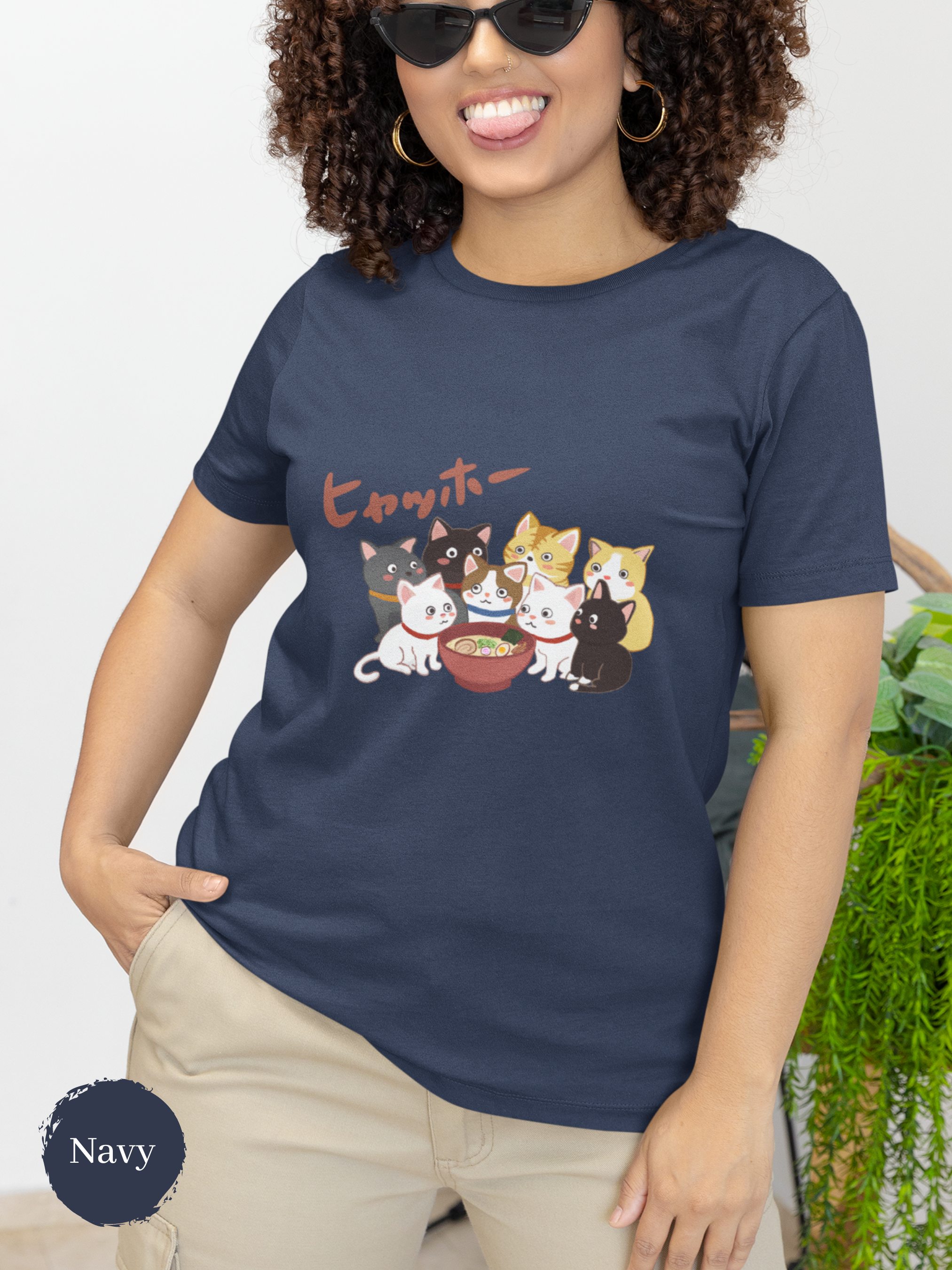 Ramen T-shirt: Japanese Foodie Shirt with Eight Cute Cats Beside Ramen Bowl - Hyahho Ramen Art