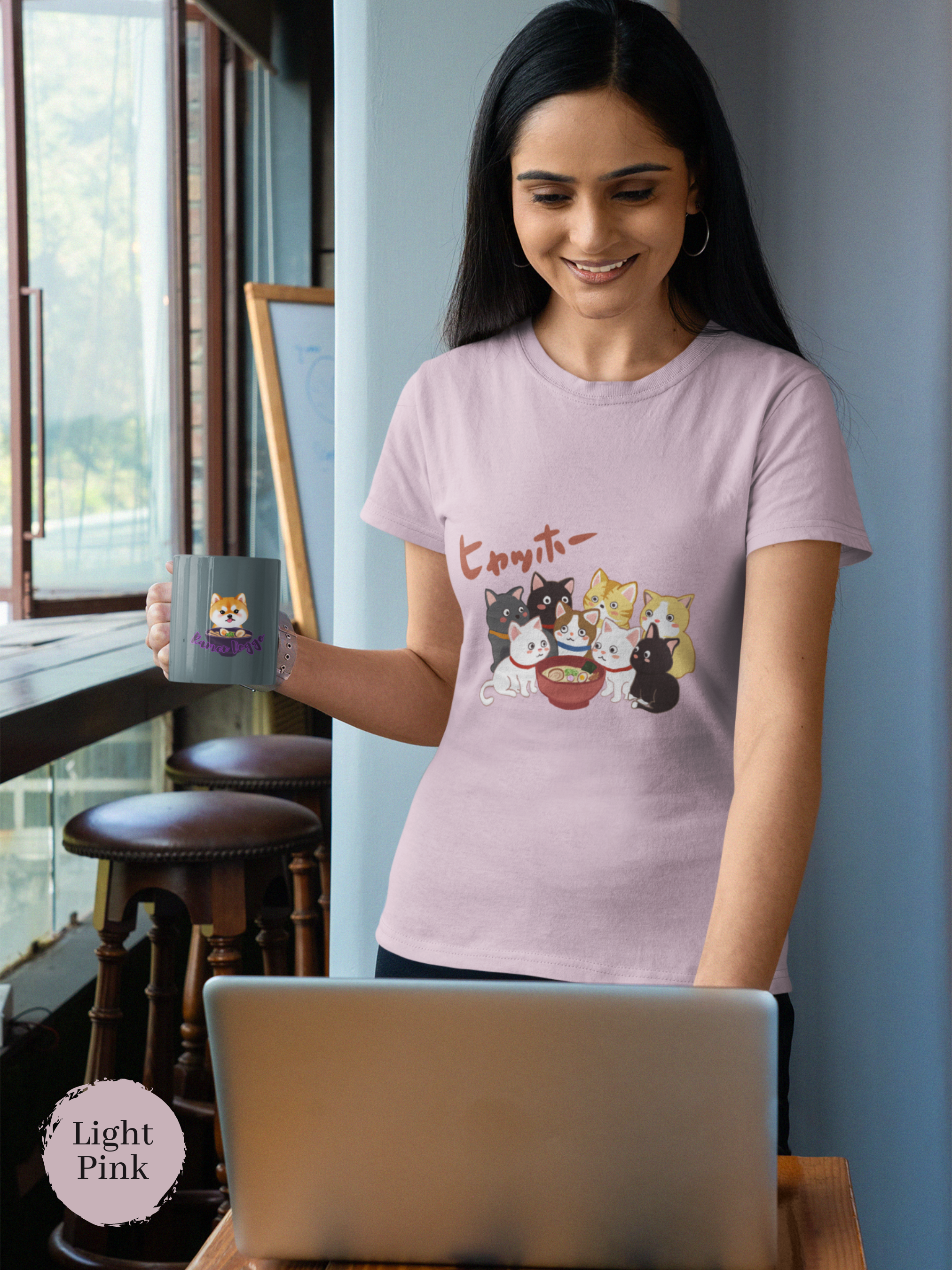 Ramen T-shirt: Japanese Foodie Shirt with Eight Cute Cats Beside Ramen Bowl - Hyahho Ramen Art