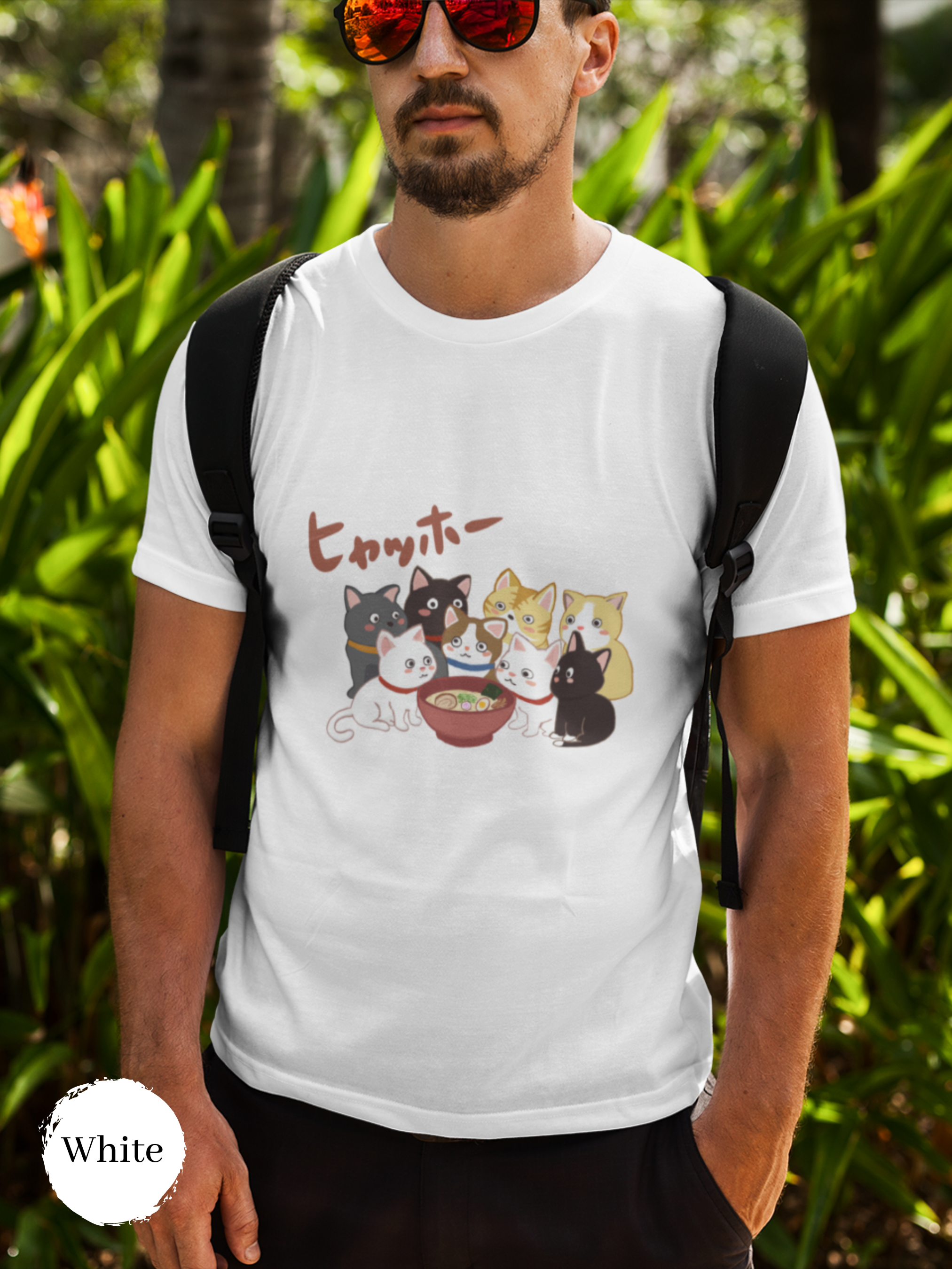 Ramen T-shirt: Japanese Foodie Shirt with Eight Cute Cats Beside Ramen Bowl - Hyahho Ramen Art