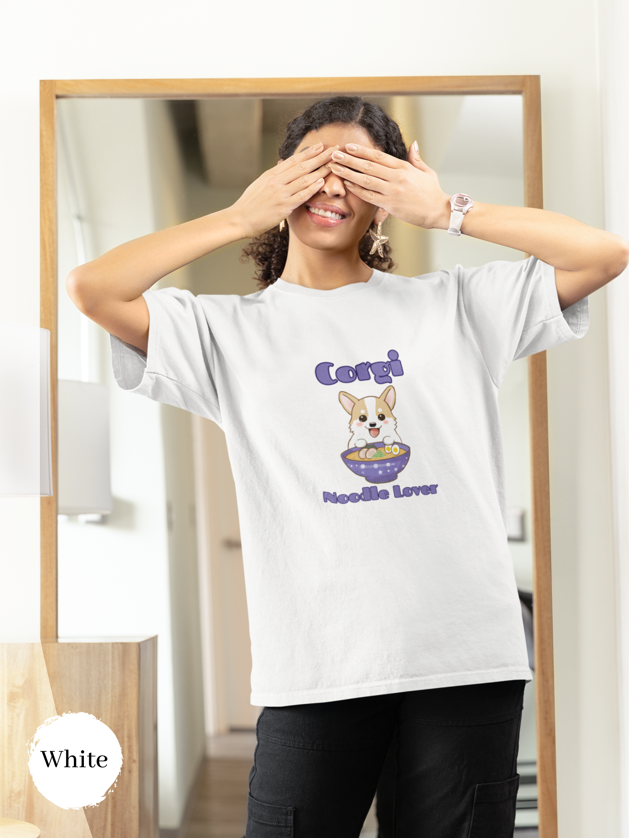 Ramen T-shirt with Cute Corgi Noodle Lover Illustration - Japanese Foodie Shirt with Ramen Art