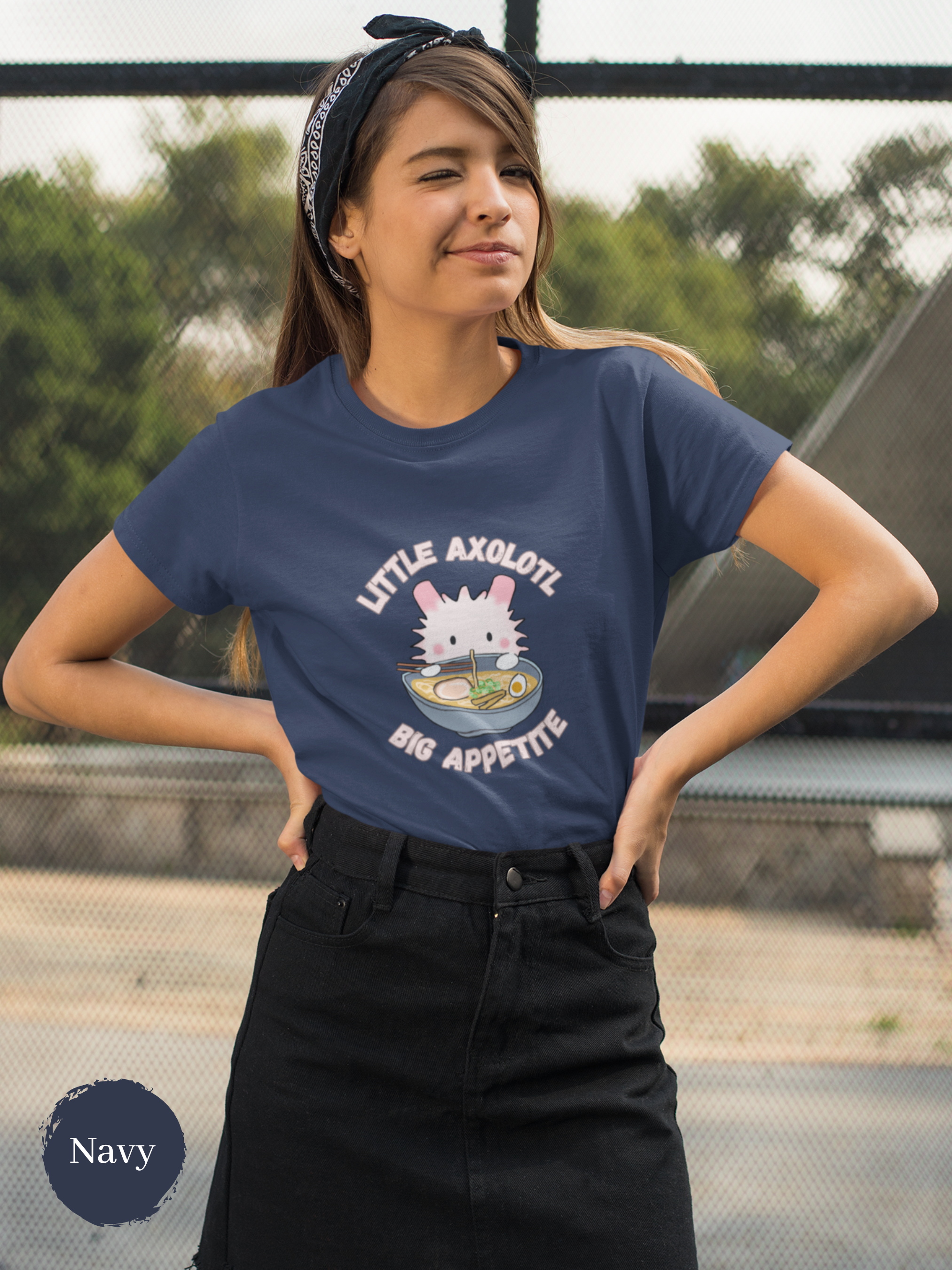 Ramen T-shirt: Little Axolotl Big Appetite - Japanese Foodie Shirt with Ramen Art Illustration
