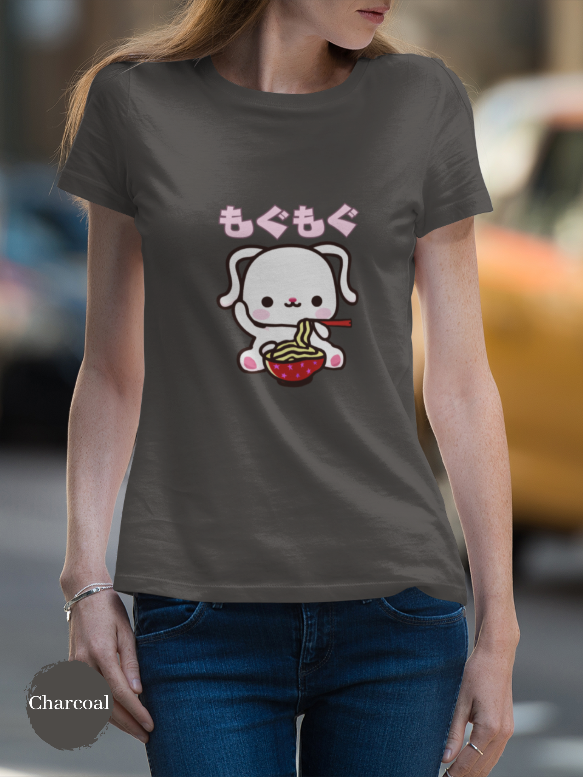 Ramen T-Shirt - Munching "Mogu Mogu" Japanese Foodie Shirt with Cute Bunny and Ramen Art