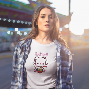 Ramen T-Shirt - Munching "Mogu Mogu" Japanese Foodie Shirt with Cute Bunny and Ramen Art