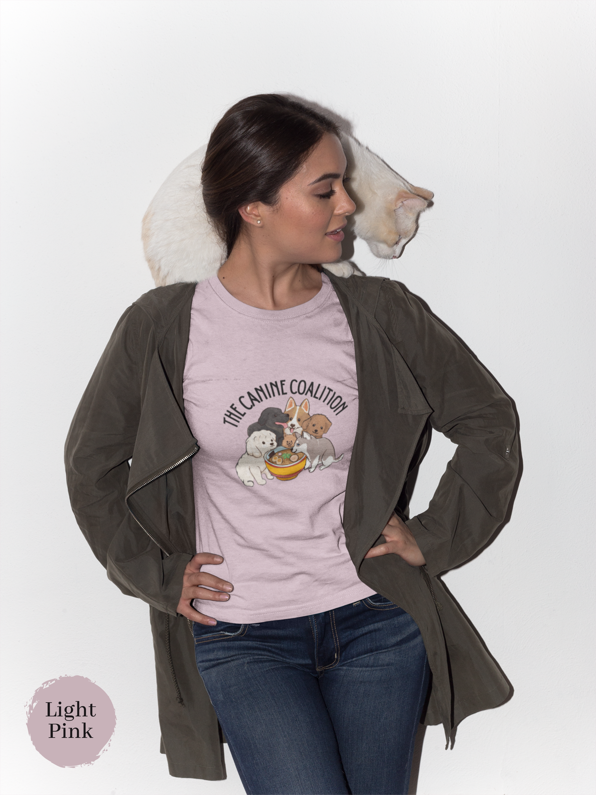 Ramen T-shirt: The Canine Coalition - Japanese Foodie Shirt with Ramen Art featuring 6 Cute Dogs