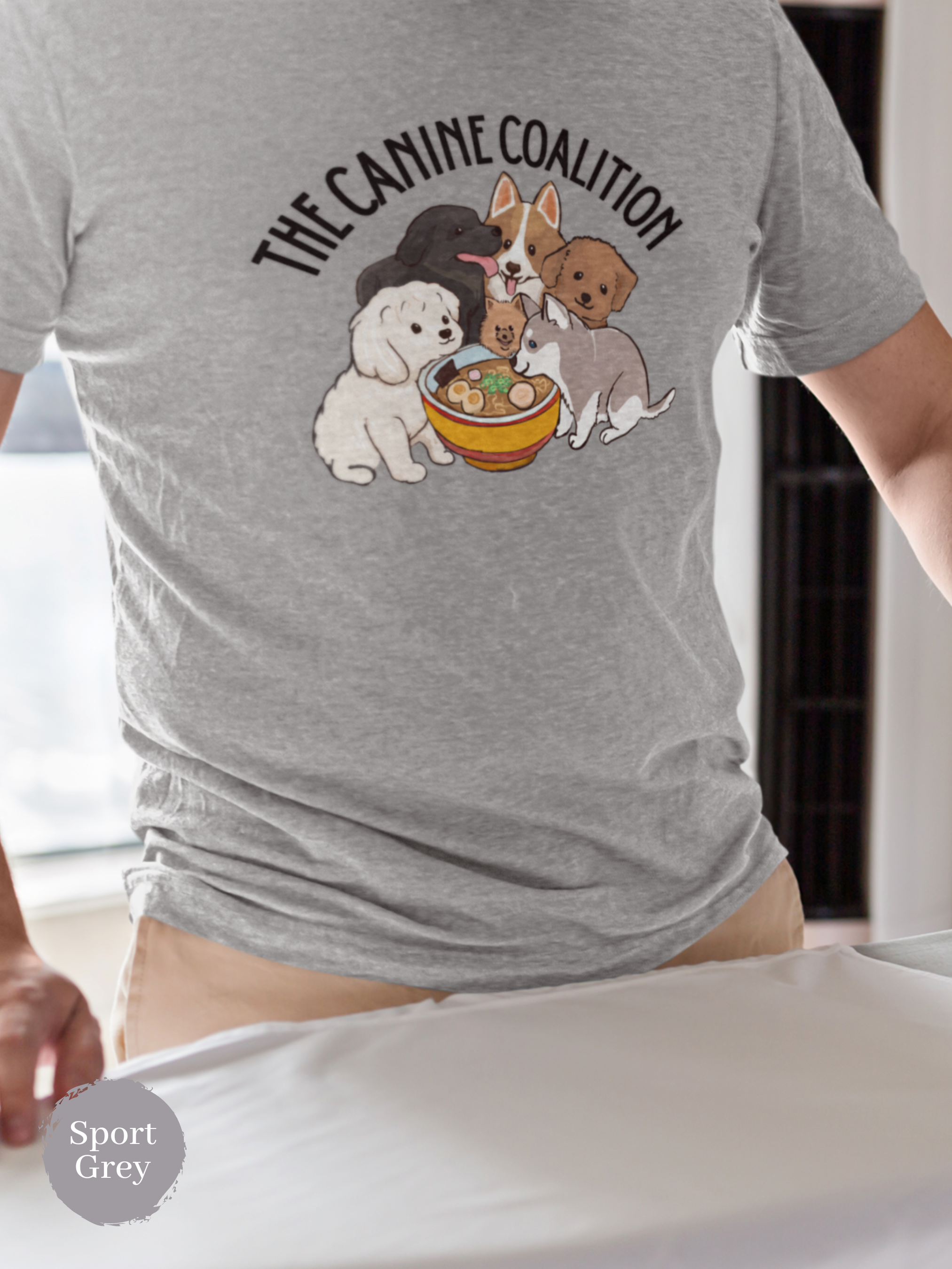 Ramen T-shirt: The Canine Coalition - Japanese Foodie Shirt with Ramen Art featuring 6 Cute Dogs