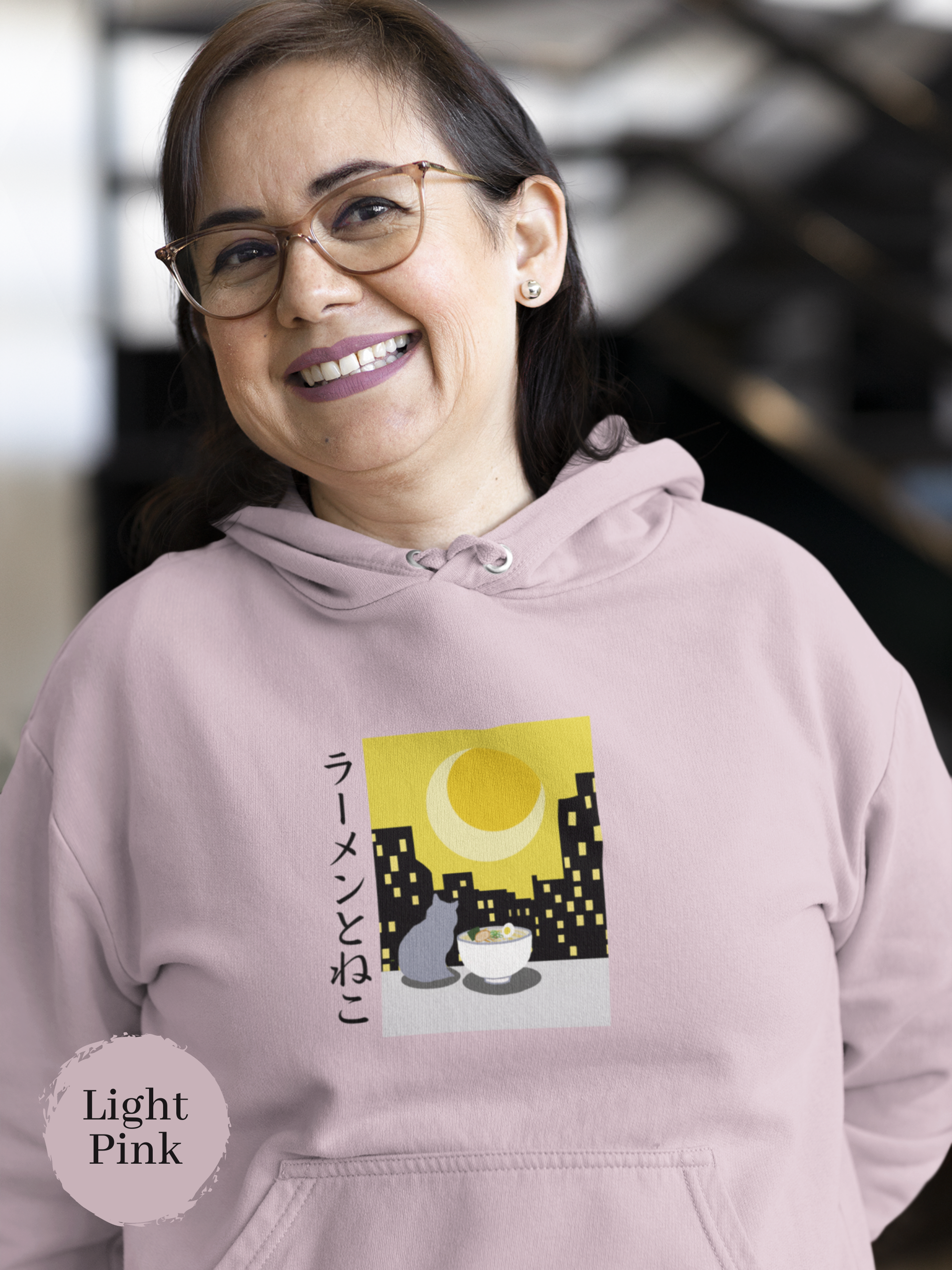 Ramen Hoodie Cat Illustration and Night View Asian Foodie Hoodie with Ramen Art and Pun Hoodie Design