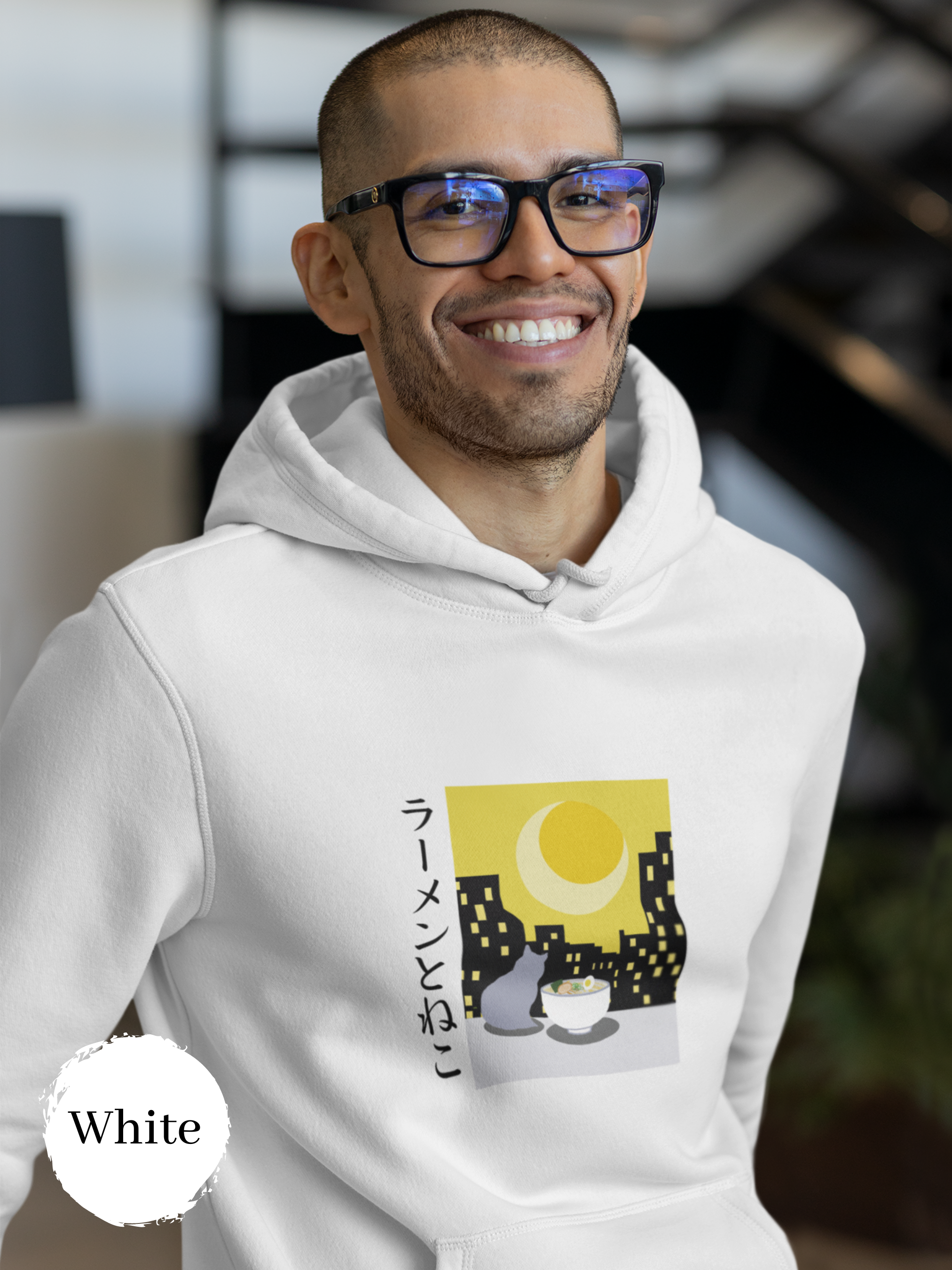 Ramen Hoodie Cat Illustration and Night View Asian Foodie Hoodie with Ramen Art and Pun Hoodie Design