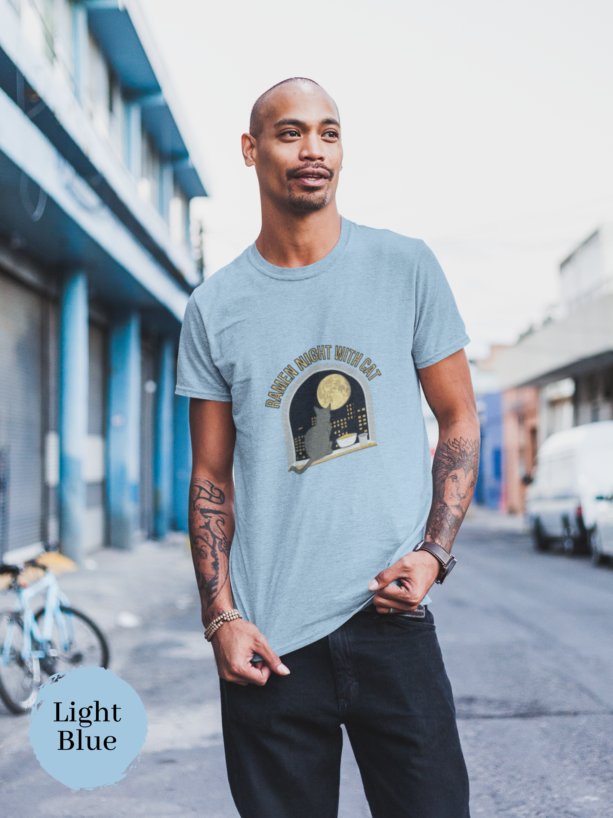 Ramen T-shirt - Japanese Foodie Shirt with Ramen Art and Night View featuring Cat and Ramen Bowl
