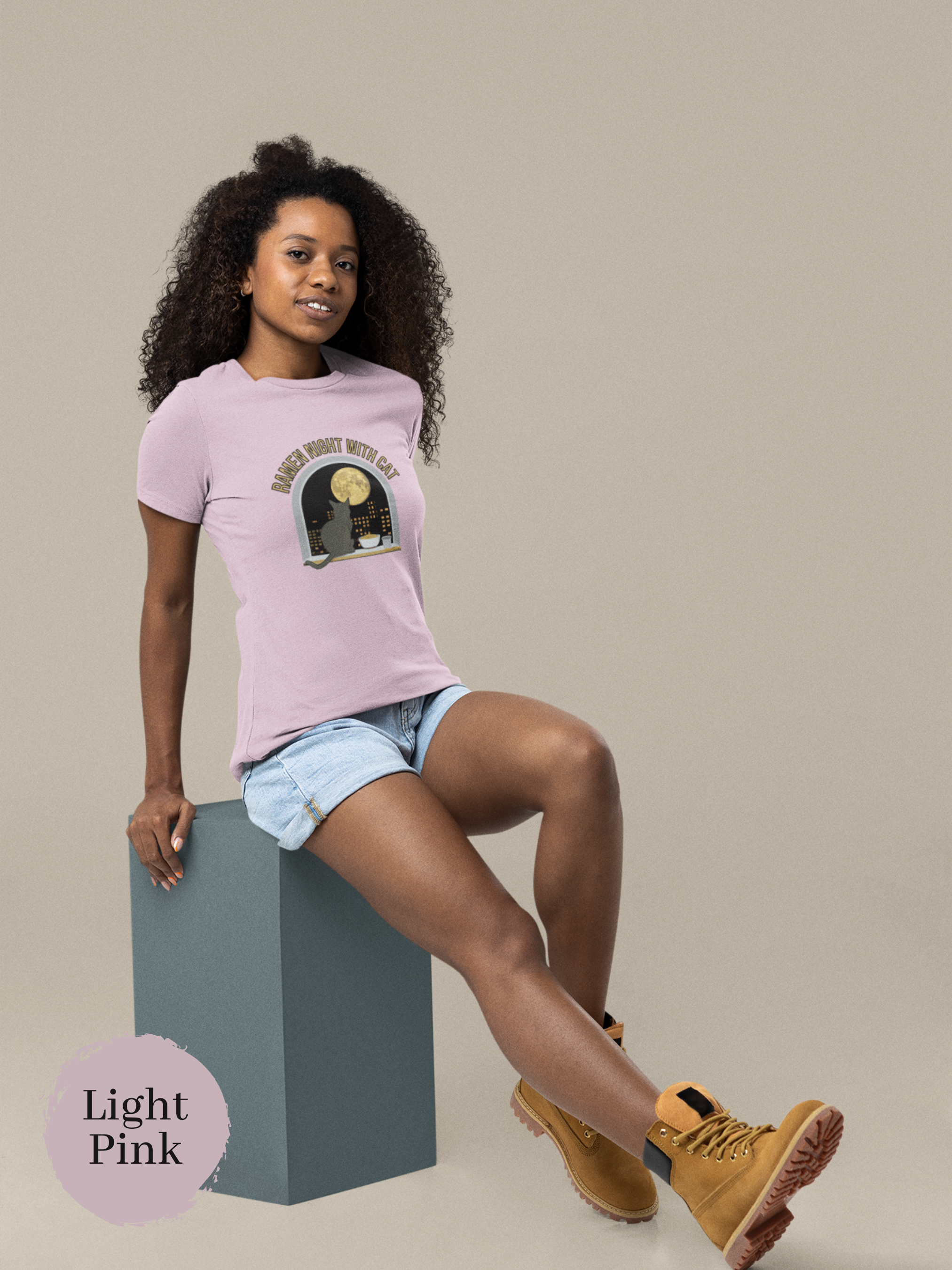 Ramen T-shirt - Japanese Foodie Shirt with Ramen Art and Night View featuring Cat and Ramen Bowl