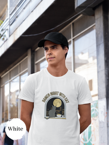 Ramen T-shirt - Japanese Foodie Shirt with Ramen Art and Night View featuring Cat and Ramen Bowl