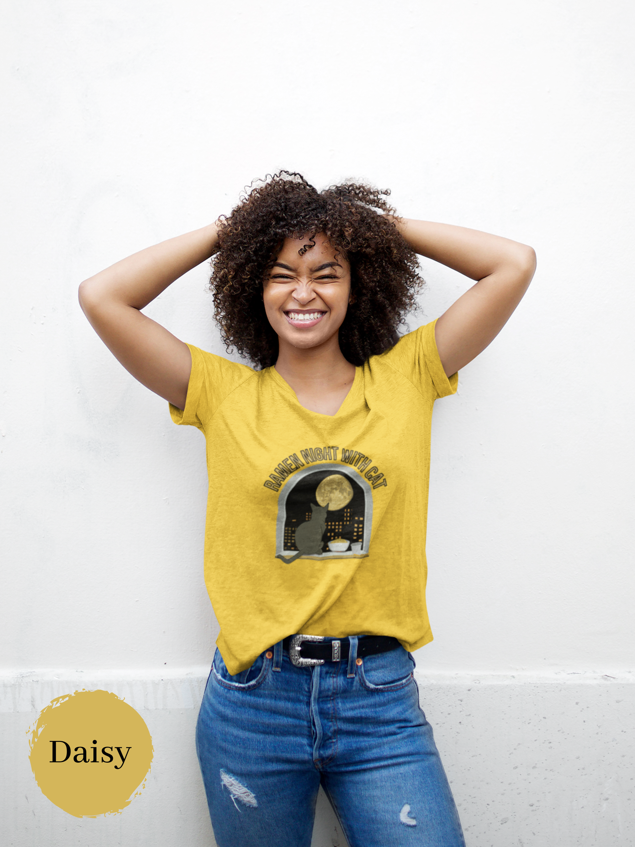 Ramen T-shirt - Japanese Foodie Shirt with Ramen Art and Night View featuring Cat and Ramen Bowl
