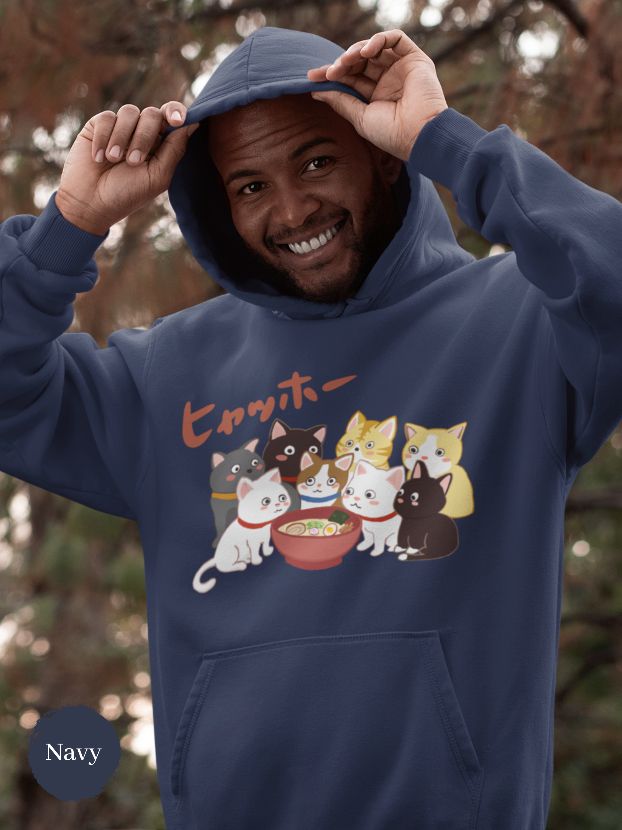 Ramen Hoodie - 'Hyahho!' Cute Cat Gang and Delicious Ramen Bowl Design, Perfect for Foodie Hoodies and Ramen Art Lovers