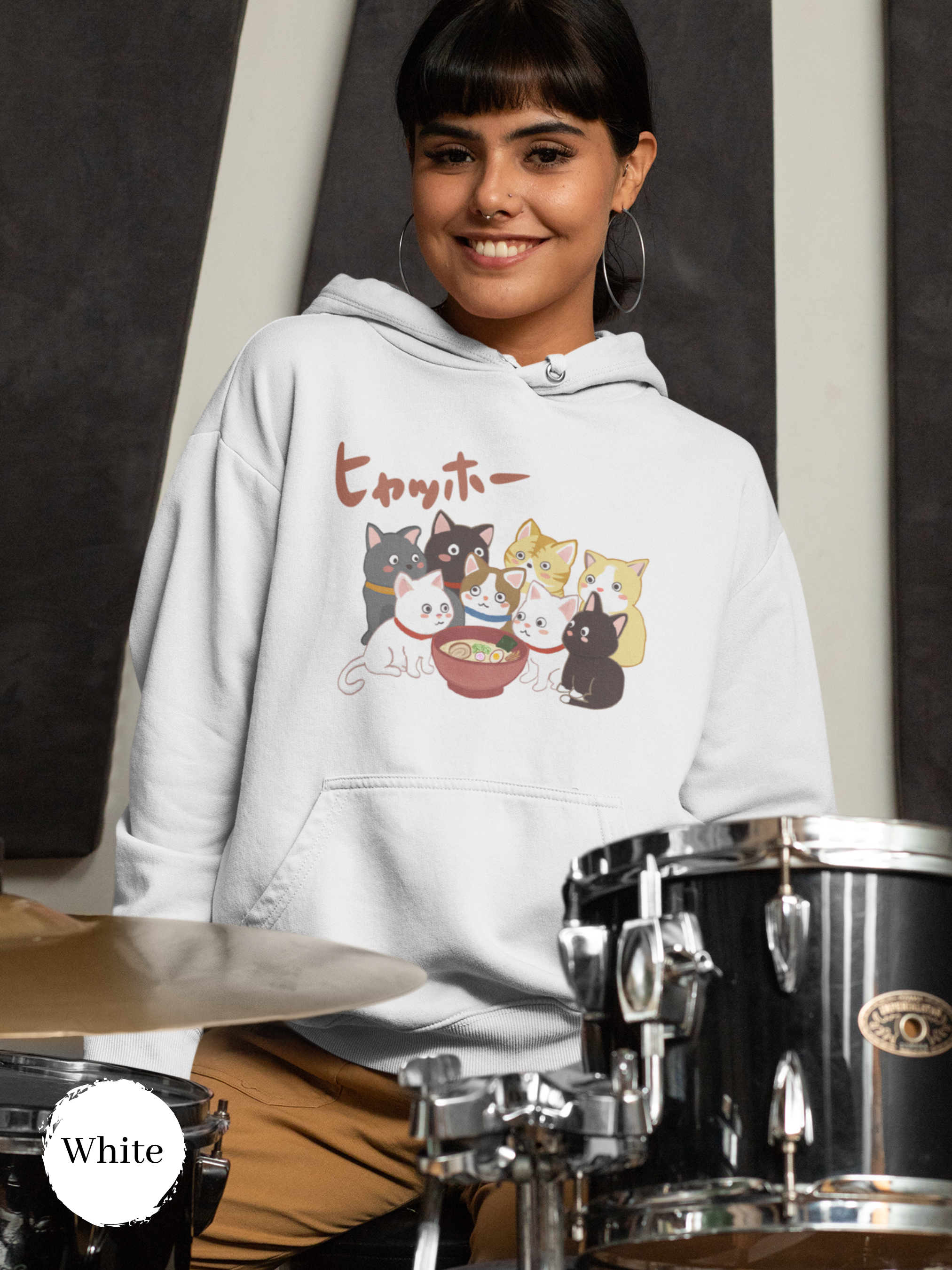 Ramen Hoodie - 'Hyahho!' Cute Cat Gang and Delicious Ramen Bowl Design, Perfect for Foodie Hoodies and Ramen Art Lovers