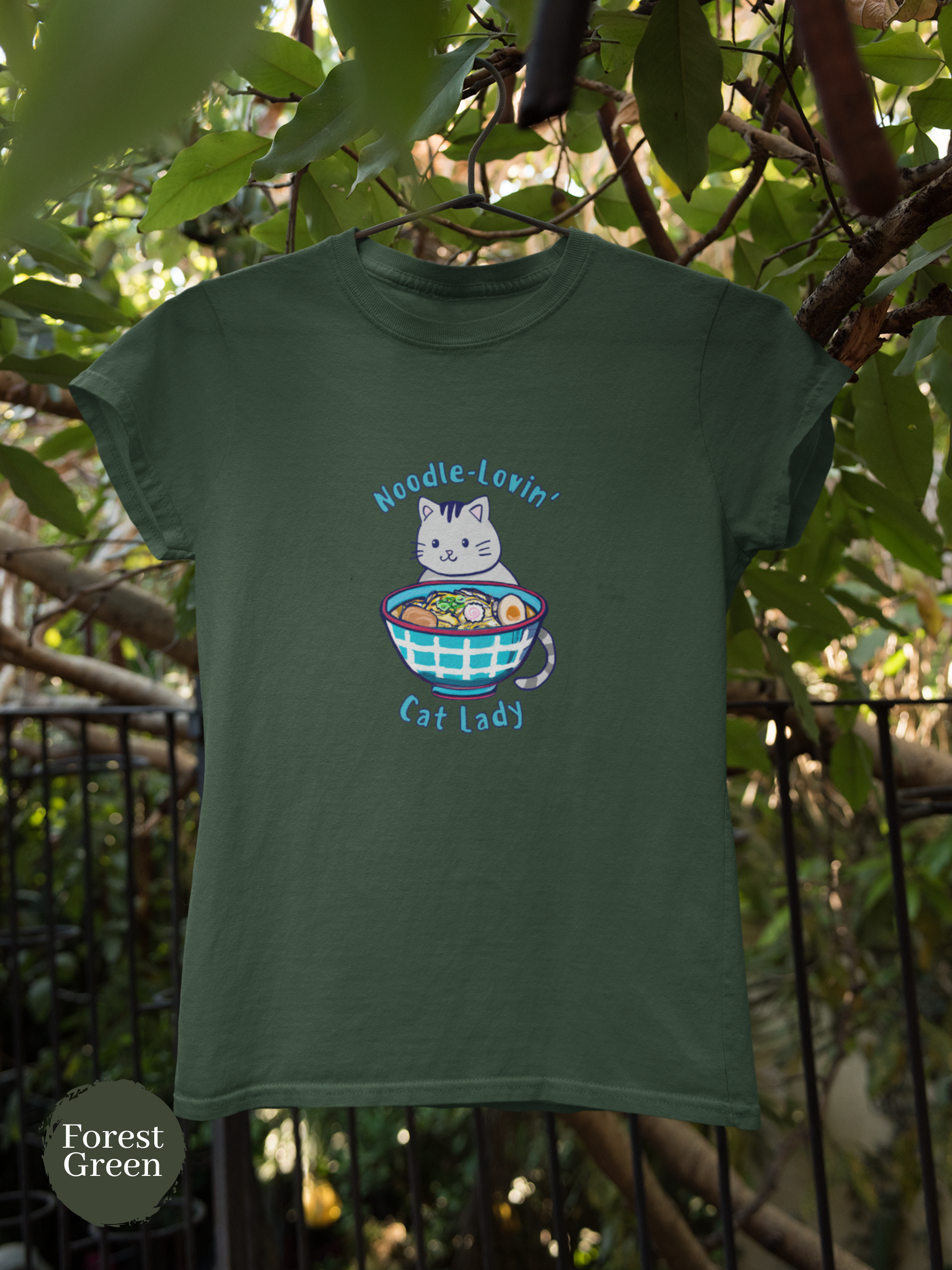 Ramen T-shirt with Cat: Japanese Foodie Shirt Featuring Noodle-Lovin' Cat Lady Ramen Art