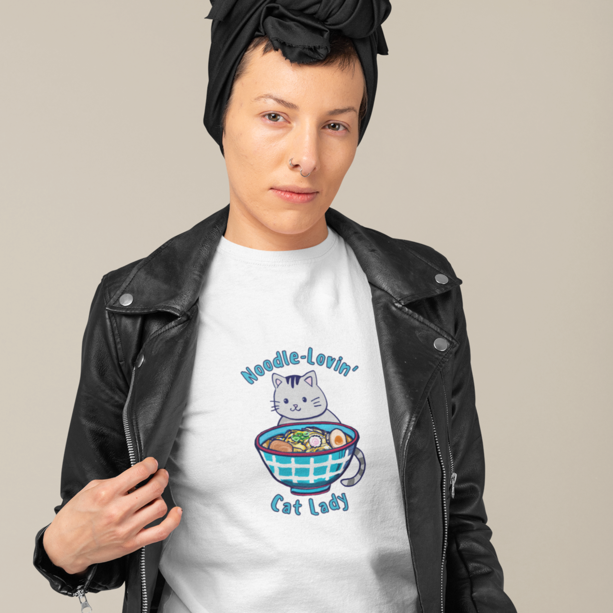 Ramen T-shirt with Cat: Japanese Foodie Shirt Featuring Noodle-Lovin' Cat Lady Ramen Art