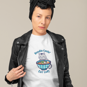 Ramen T-shirt with Cat: Japanese Foodie Shirt Featuring Noodle-Lovin' Cat Lady Ramen Art