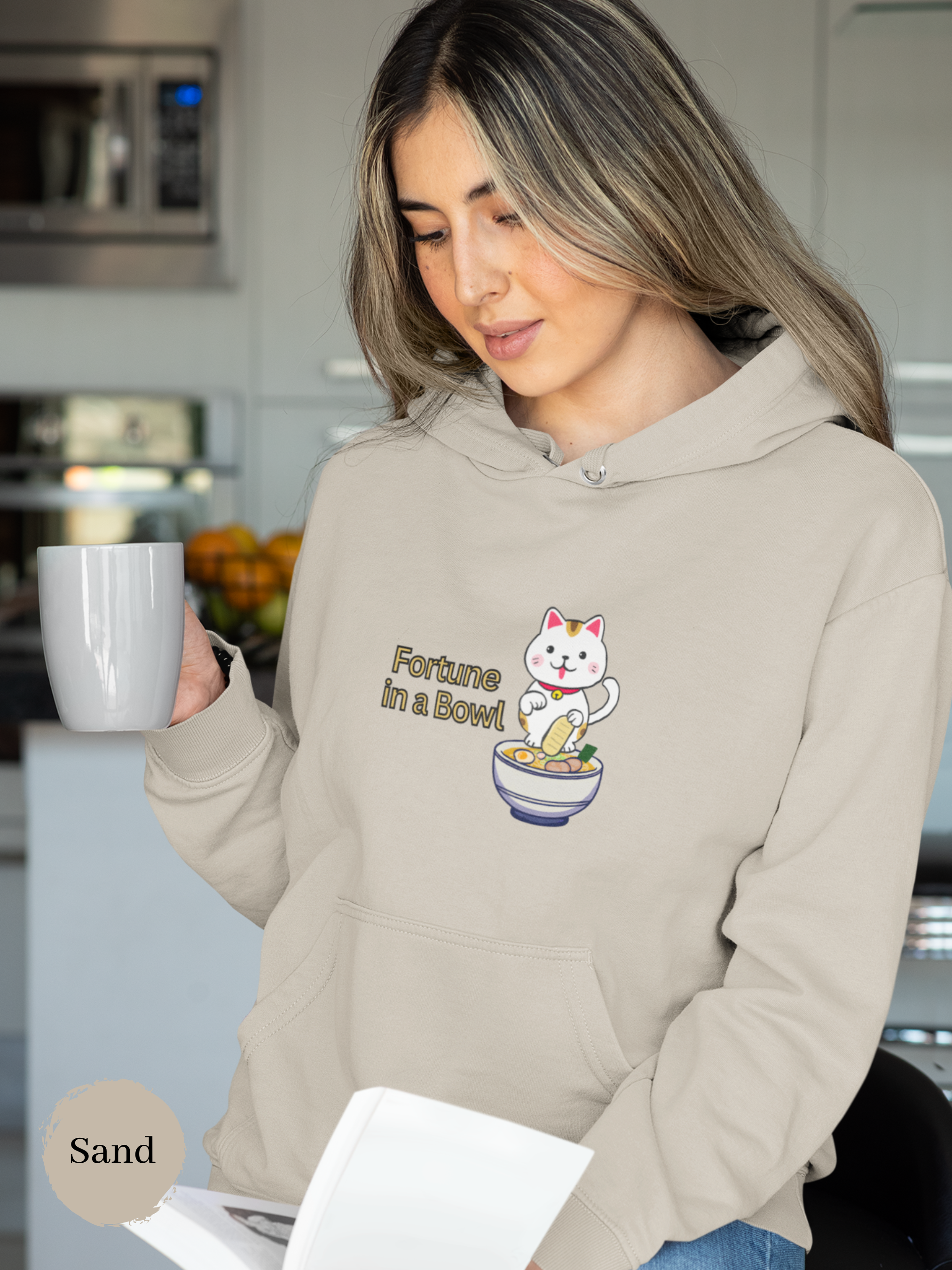 Ramen Hoodie: Pun Hoodie featuring "Fortune in A Bowl" Cat Ramen Art for Ramen Lovers and Foodie Fans