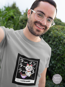 Ramen T-shirt: Lucky Cat I Love Ramen with Maneki Neko Illustration - Japanese Foodie Shirt with Ramen Art