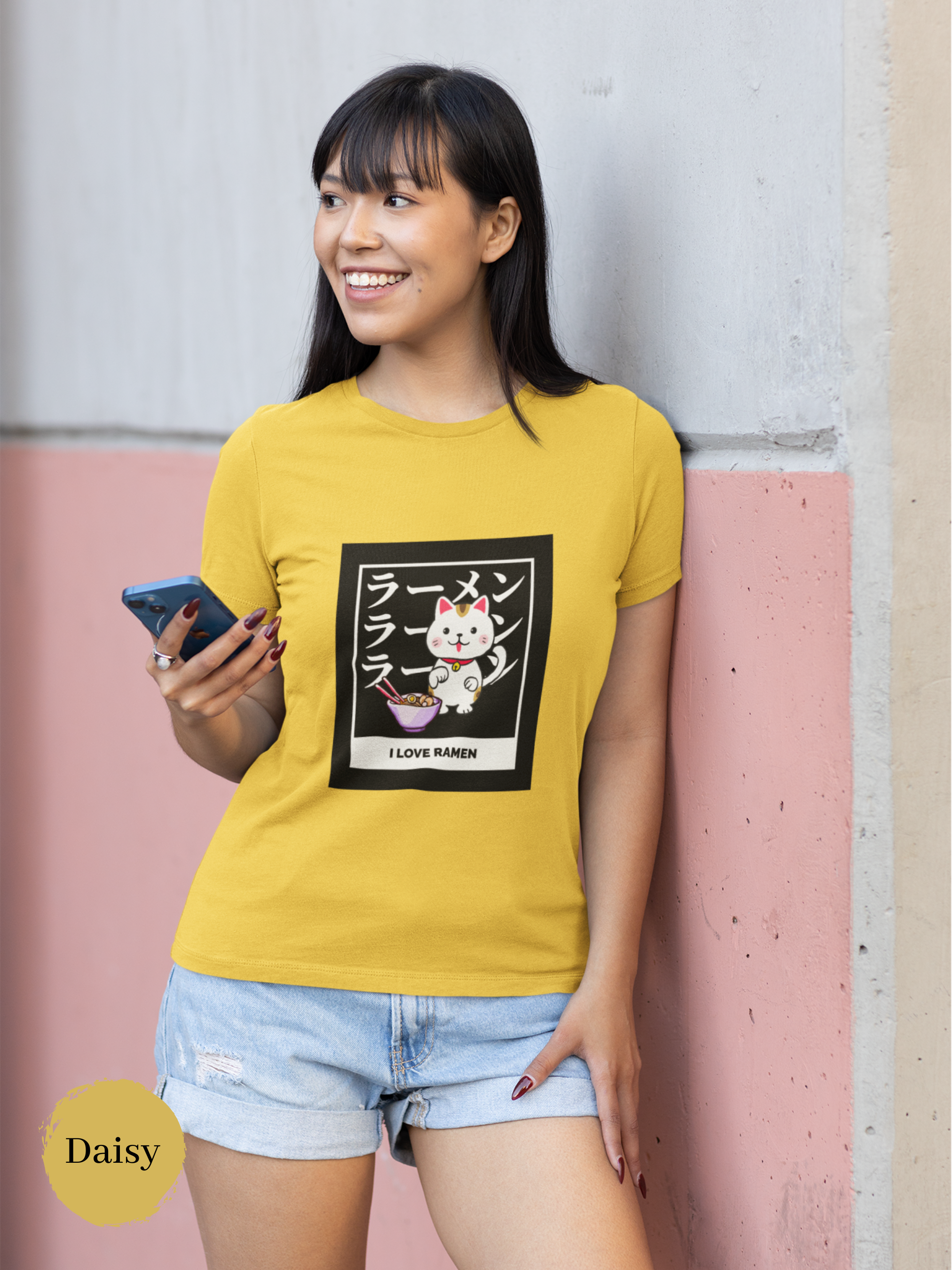 Ramen T-shirt: Lucky Cat I Love Ramen with Maneki Neko Illustration - Japanese Foodie Shirt with Ramen Art