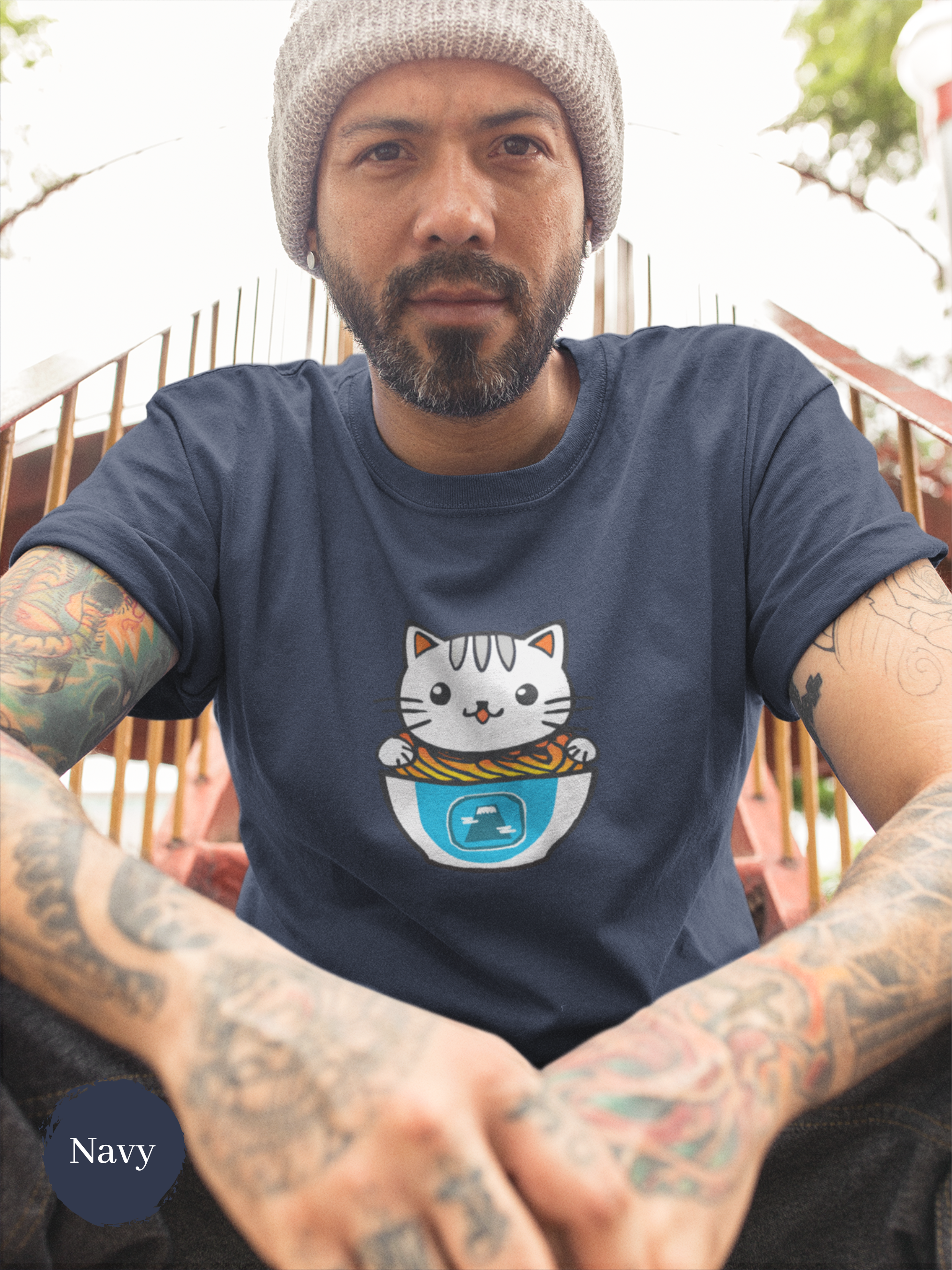Ramen Cat with Mt. Fuji T-Shirt: Japanese Foodie Shirt with Cute Ramen Art