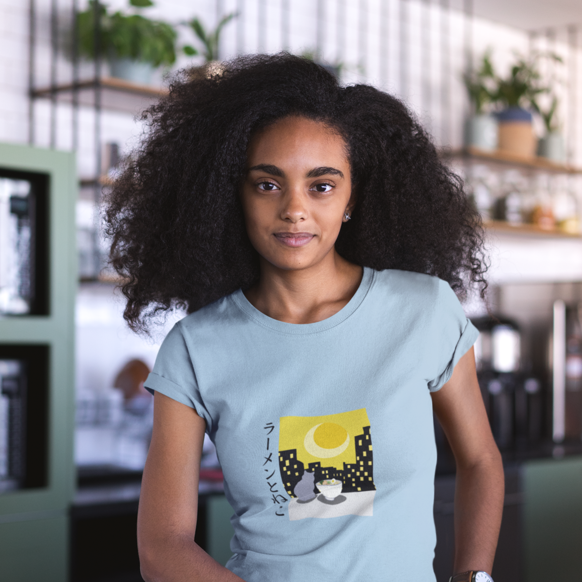 Ramen and Cat Cityscape T-Shirt: Japanese Foodie Shirt with Ramen Art featuring Ramen and Cat