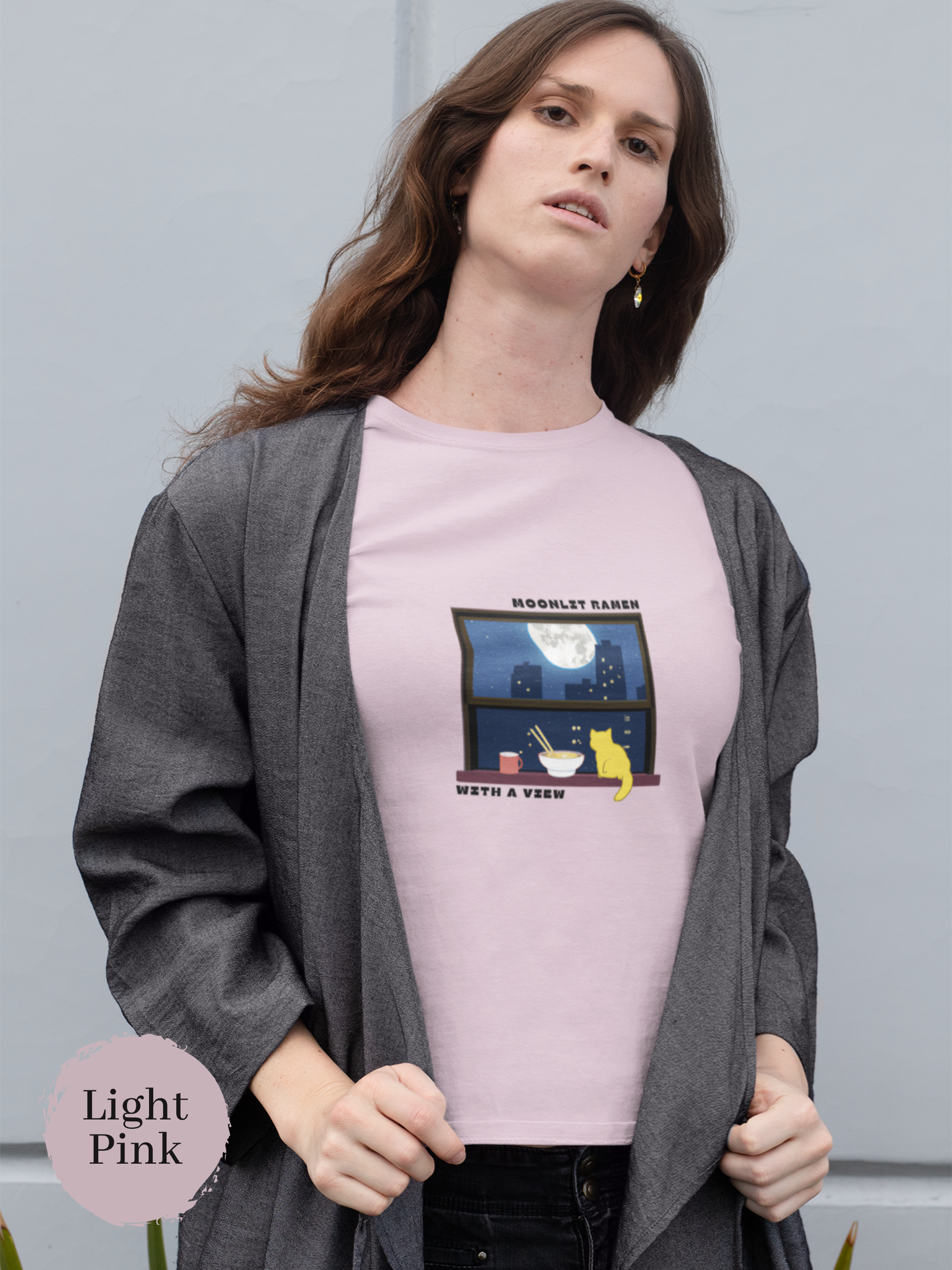 Ramen T-shirt: Moonlit Ramen with a View featuring a Cat and Night City Scene - Japanese Foodie Shirt and Ramen Art