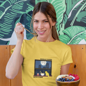 Ramen T-shirt: Moonlit Ramen with a View featuring a Cat and Night City Scene - Japanese Foodie Shirt and Ramen Art