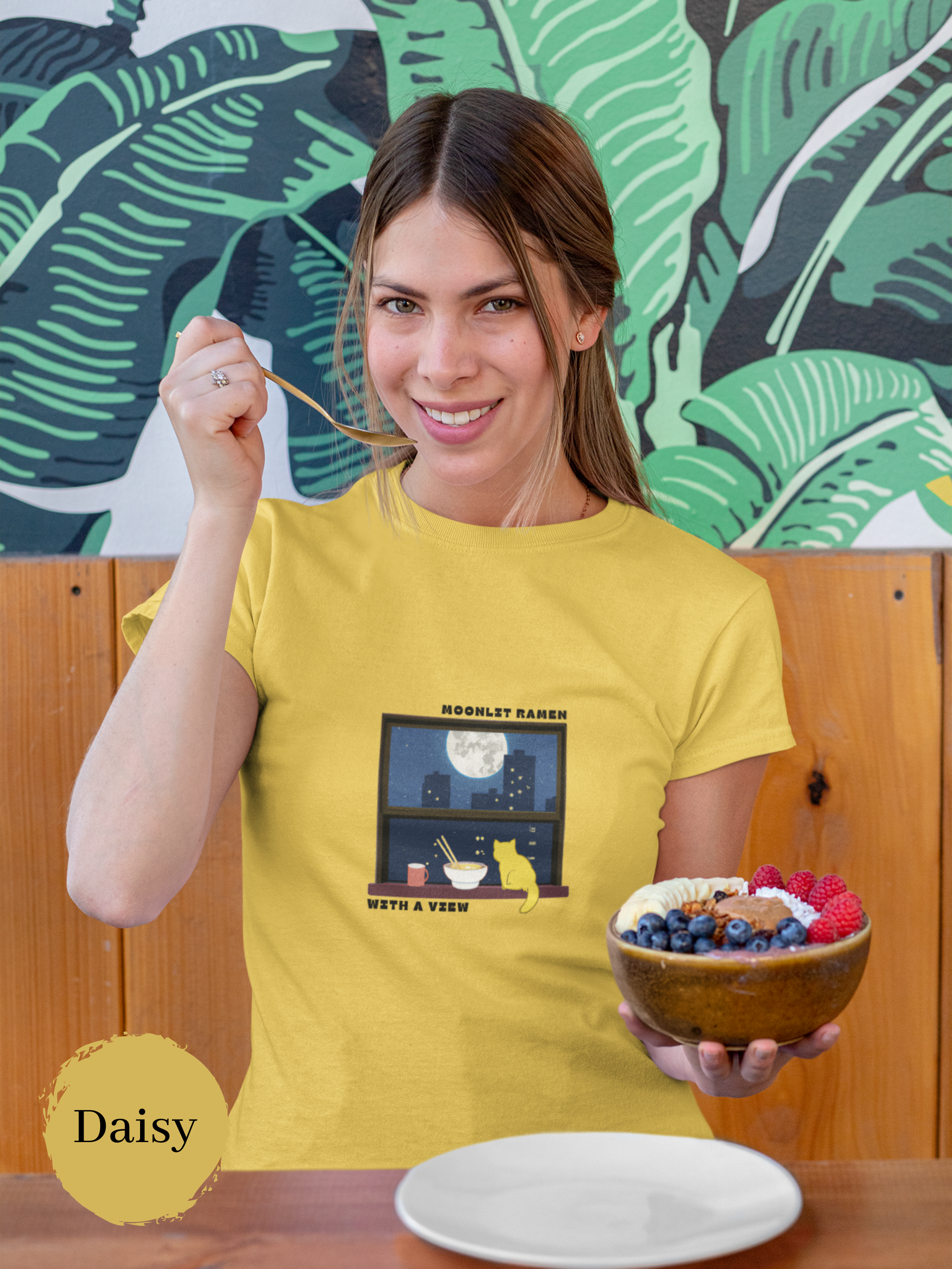 Ramen T-shirt: Moonlit Ramen with a View featuring a Cat and Night City Scene - Japanese Foodie Shirt and Ramen Art