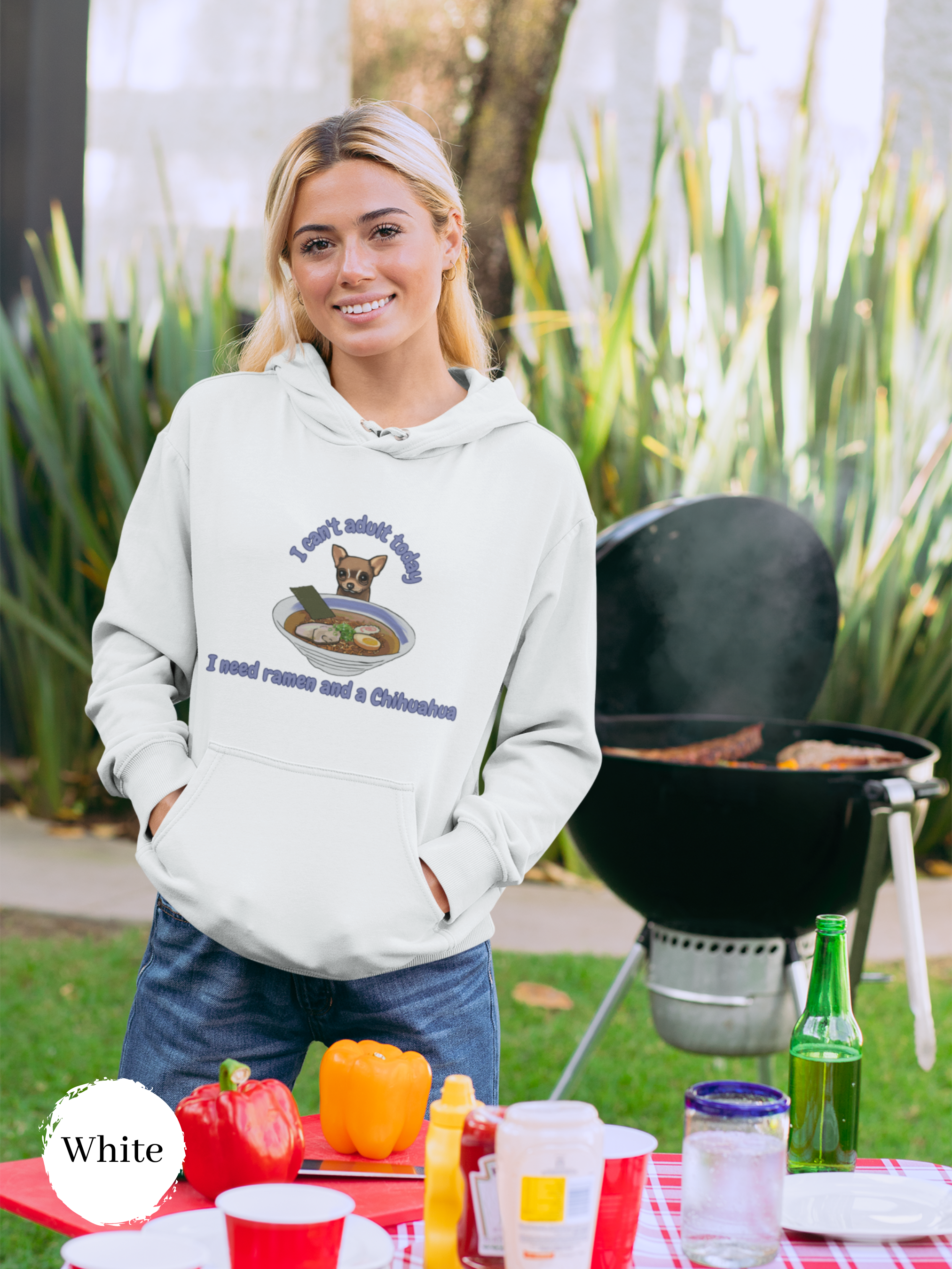 Ramen Hoodie: I Can't Adult Today, I Need Ramen and a Chihuahua - Foodie Pun Hoodie with Asian Ramen Art