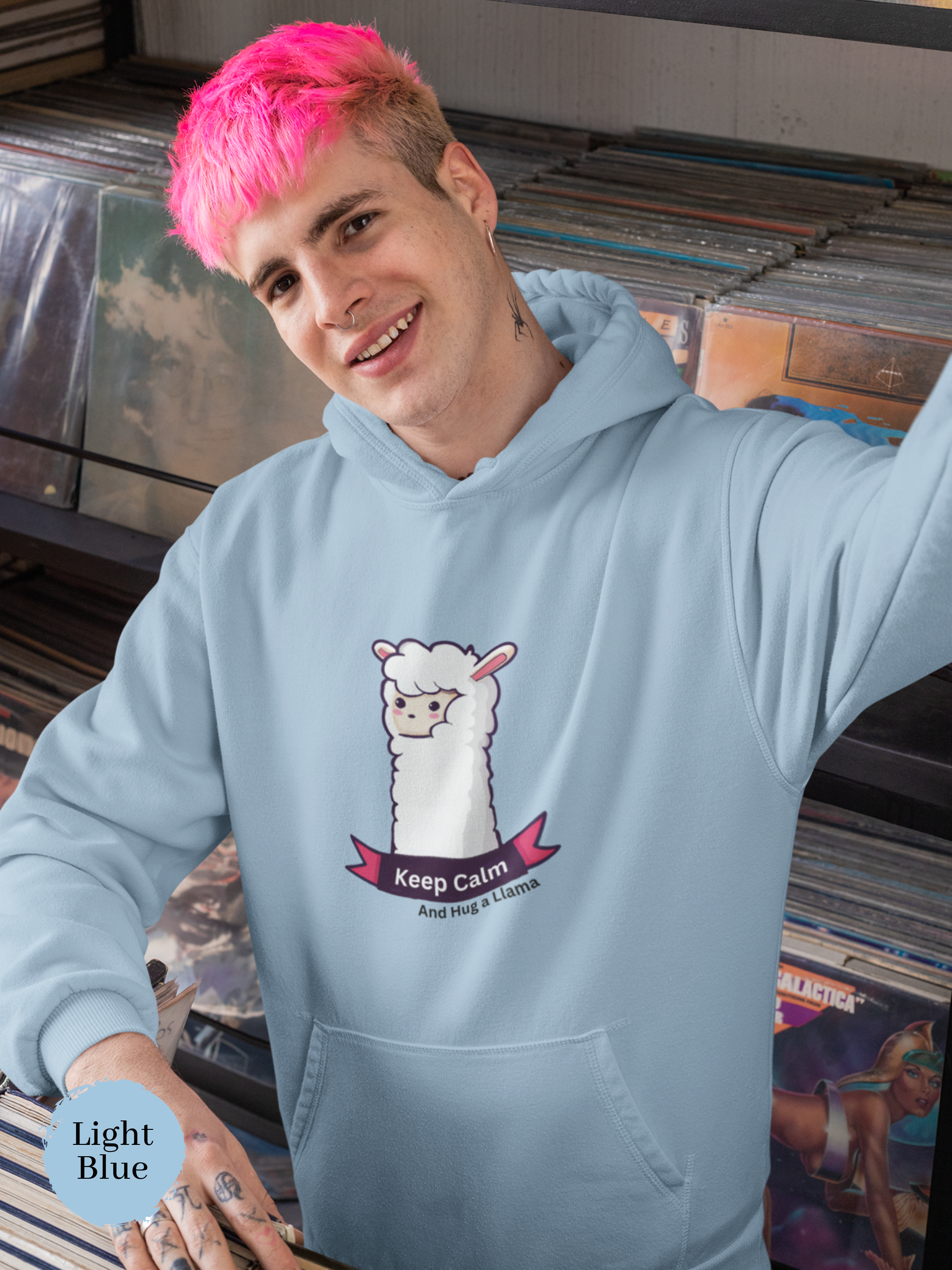 Ramen Hoodie: Keep Calm and Hug A Llama - Ramen Noodle Hoodie with Llama Illustration