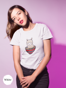 Ramen T-shirt with Llama in Japanese Ramen Bowl - Foodie Shirt for Ramen Art Fans