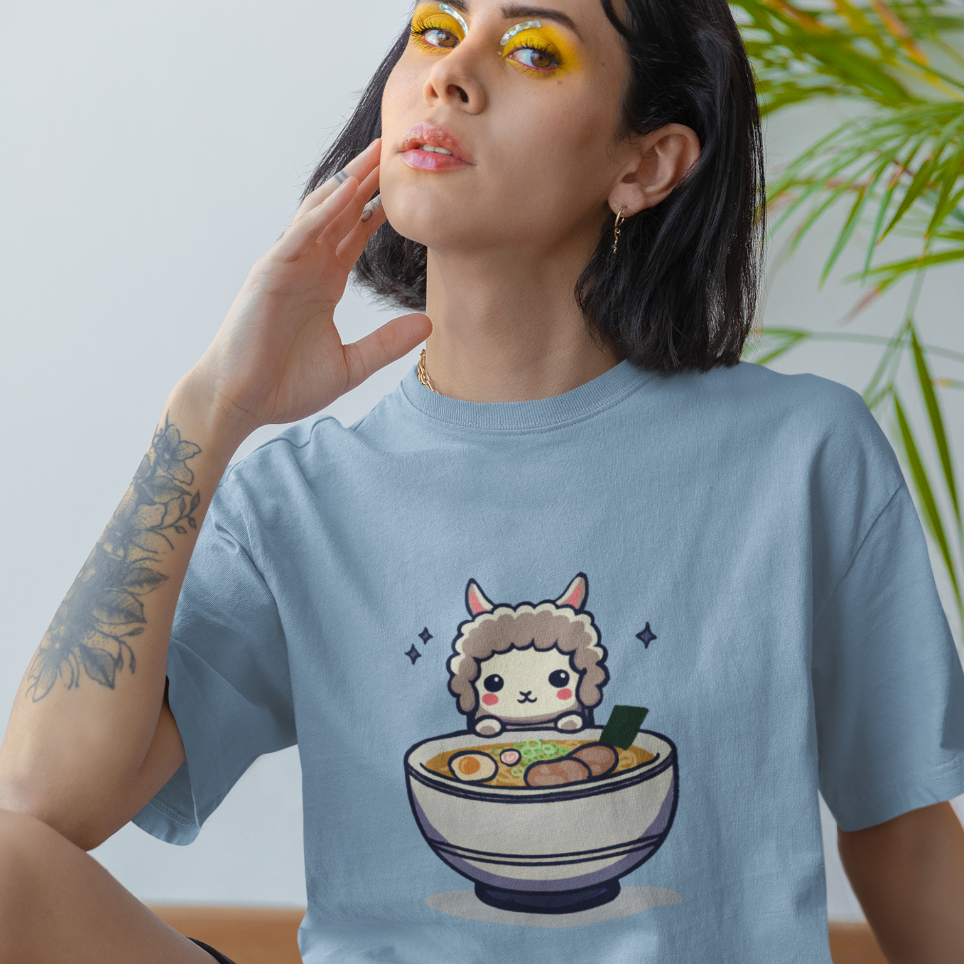 Ramen T-shirt: Japanese Foodie Shirt with Fun Ramen Art Featuring a Llama and Delicious Noodles