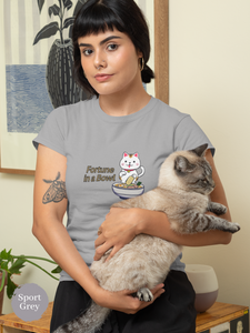 Ramen T-Shirt: Japanese Foodie Shirt with Cute Maneki Neko Illustration, Featuring "Fortune in a Bowl" Quote