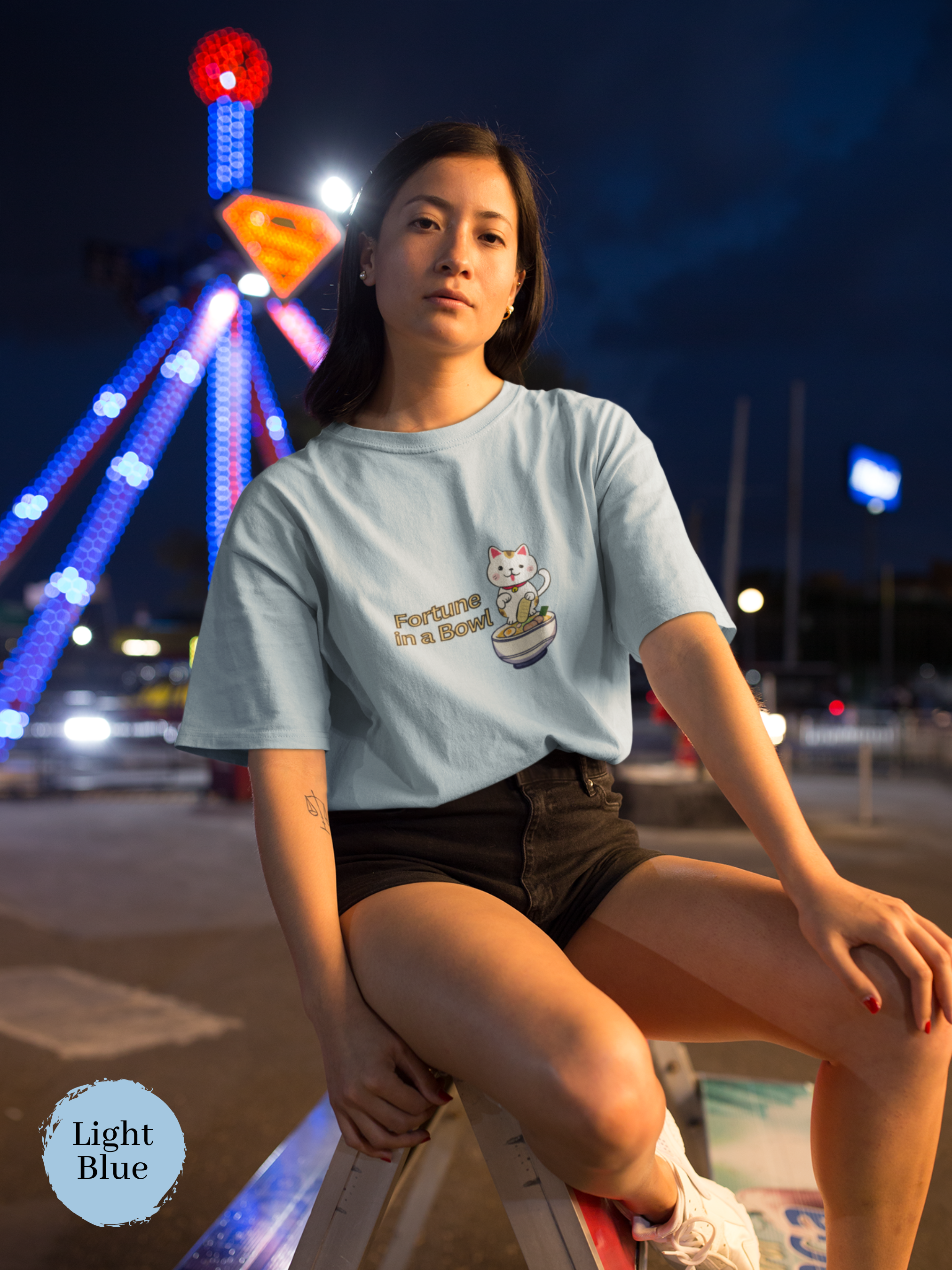 Ramen T-Shirt: Japanese Foodie Shirt with Cute Maneki Neko Illustration, Featuring "Fortune in a Bowl" Quote