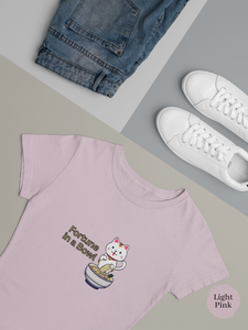 Ramen T-Shirt: Japanese Foodie Shirt with Cute Maneki Neko Illustration, Featuring "Fortune in a Bowl" Quote
