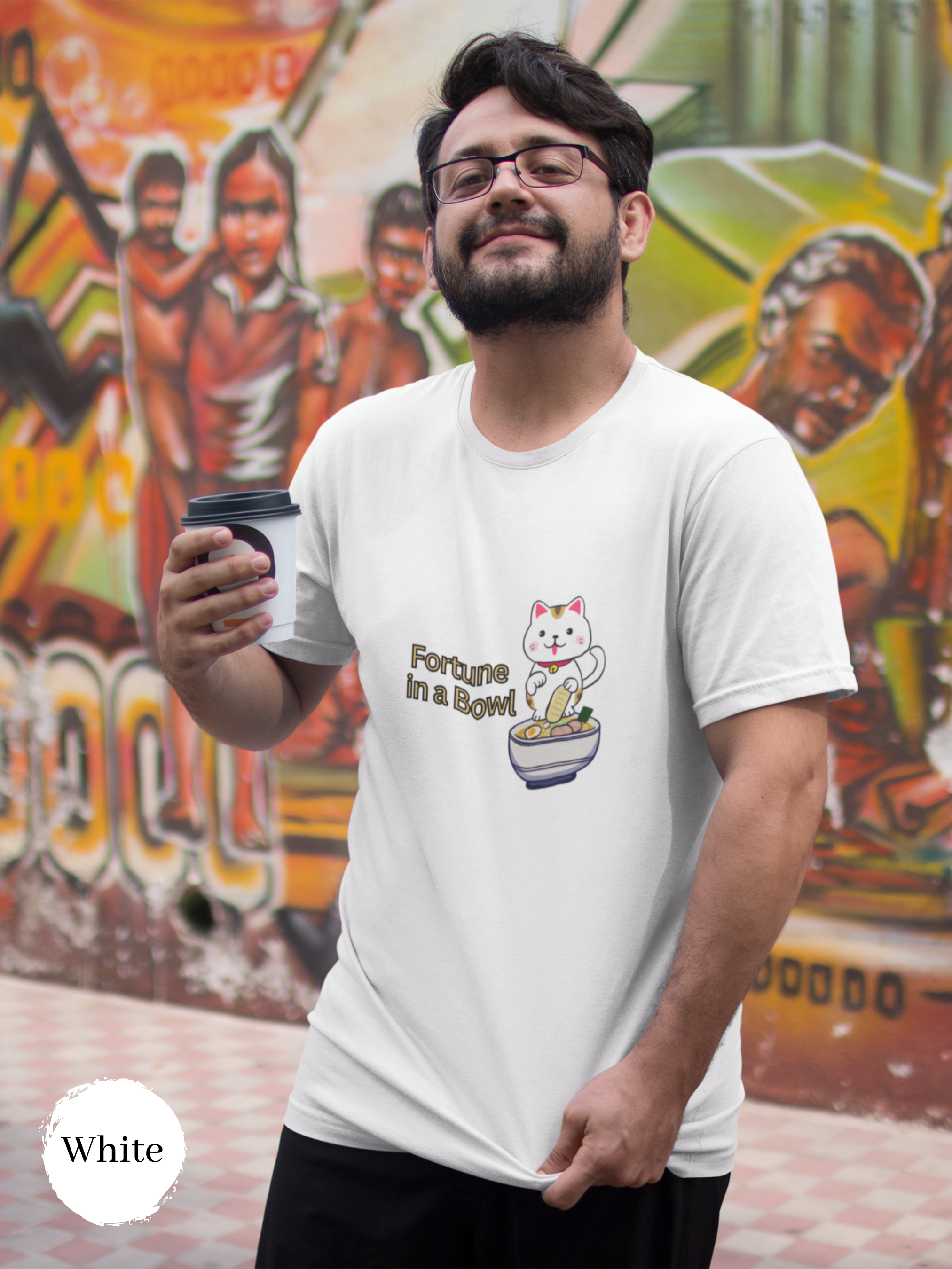 Ramen T-Shirt: Japanese Foodie Shirt with Cute Maneki Neko Illustration, Featuring "Fortune in a Bowl" Quote
