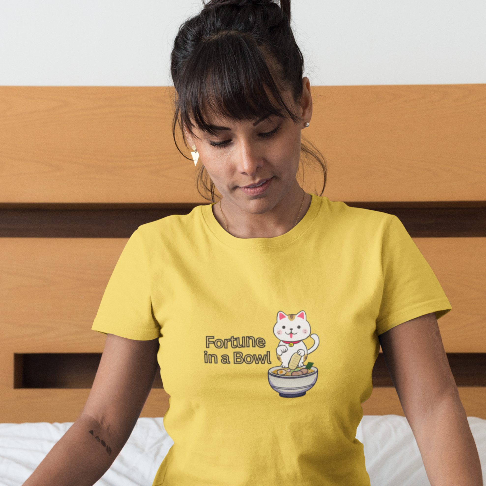 Ramen T-Shirt: Japanese Foodie Shirt with Cute Maneki Neko Illustration, Featuring "Fortune in a Bowl" Quote