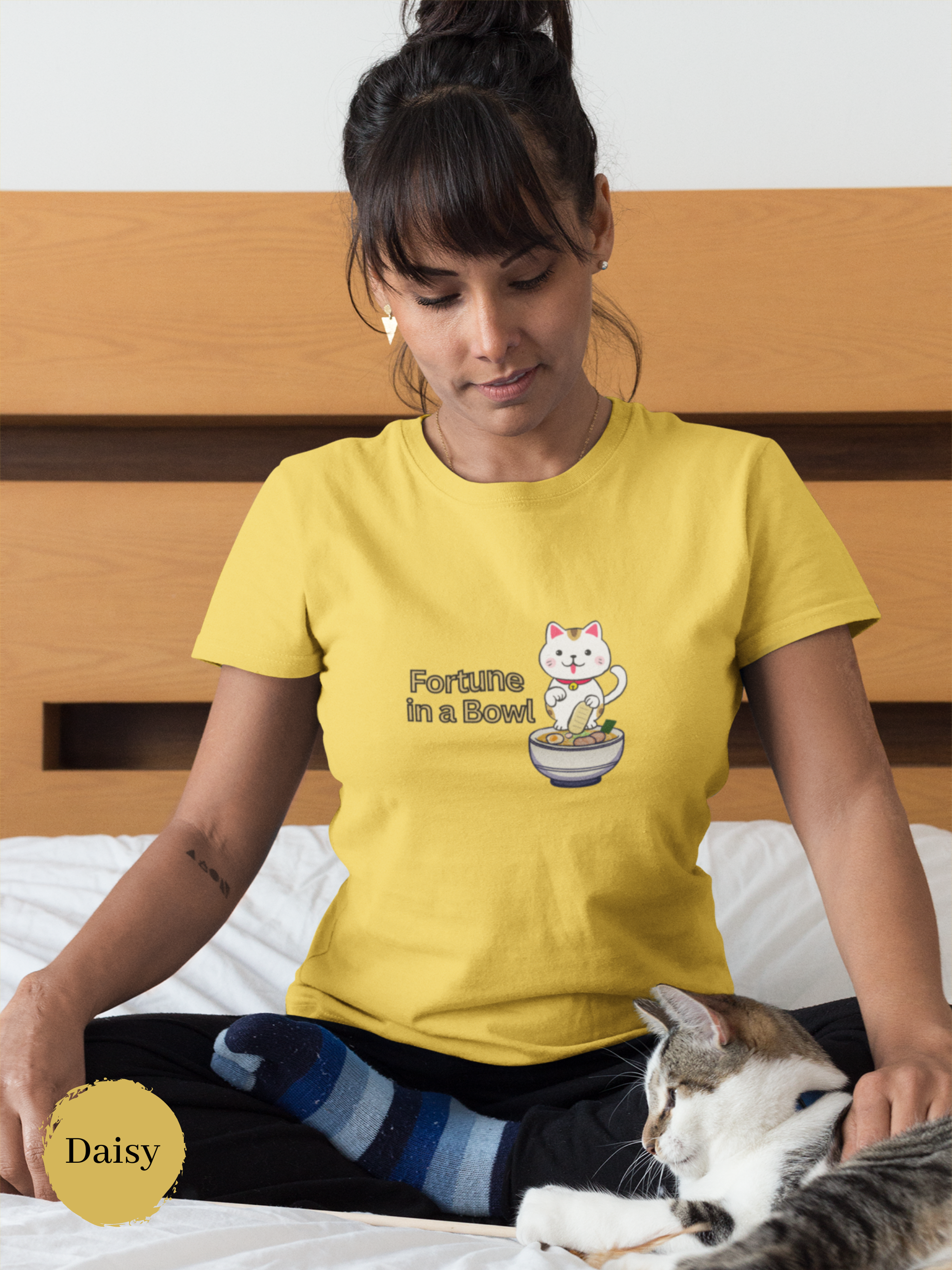 Ramen T-Shirt: Japanese Foodie Shirt with Cute Maneki Neko Illustration, Featuring "Fortune in a Bowl" Quote