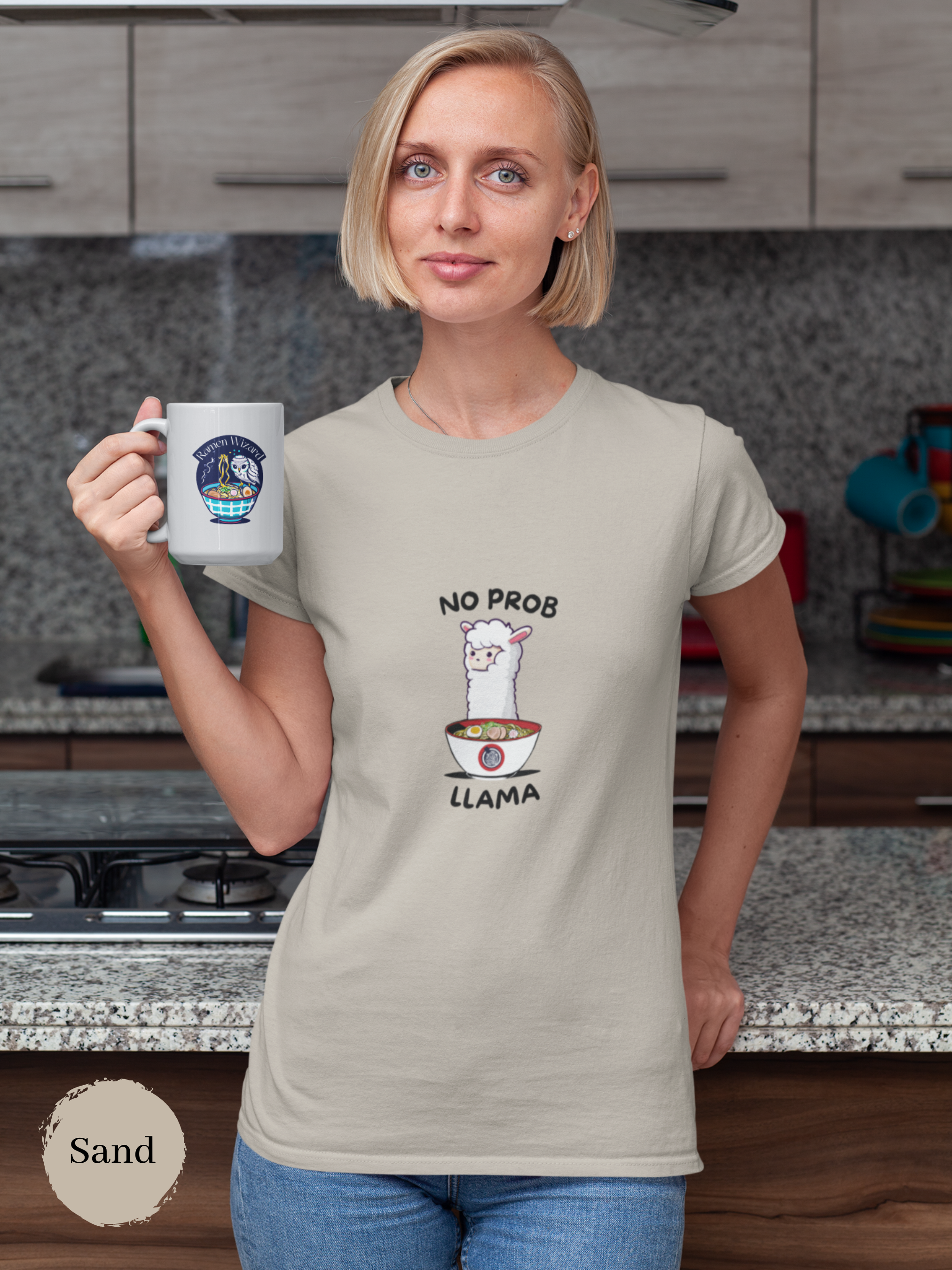 Ramen T-Shirt with No Prob Llama Illustration: Japanese Foodie Shirt with Ramen Art