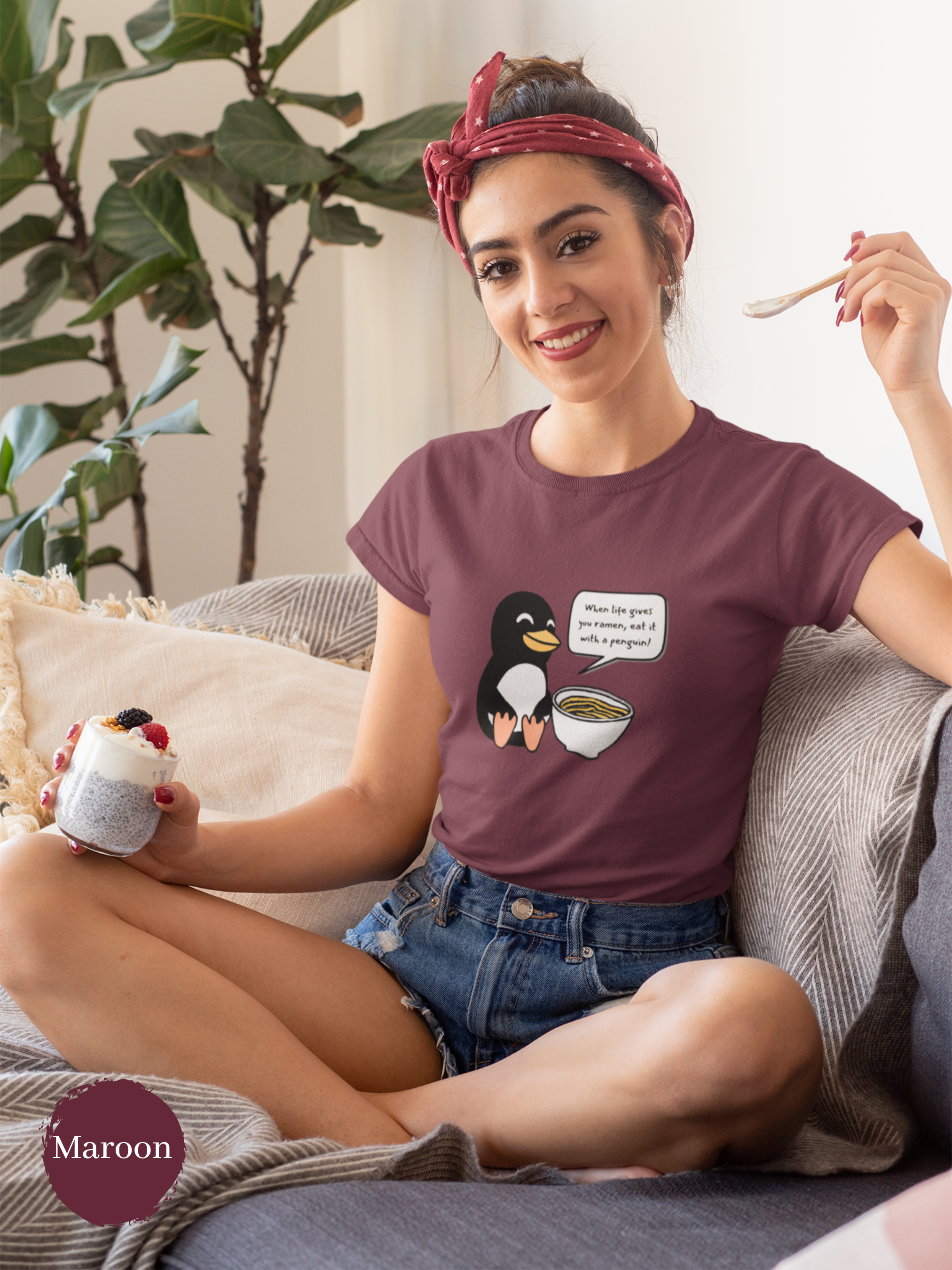 Ramen T-shirt: "When Life Gives You Ramen, Eat It With a Penguin!" - Japanese Foodie Shirt with Cute Ramen Art